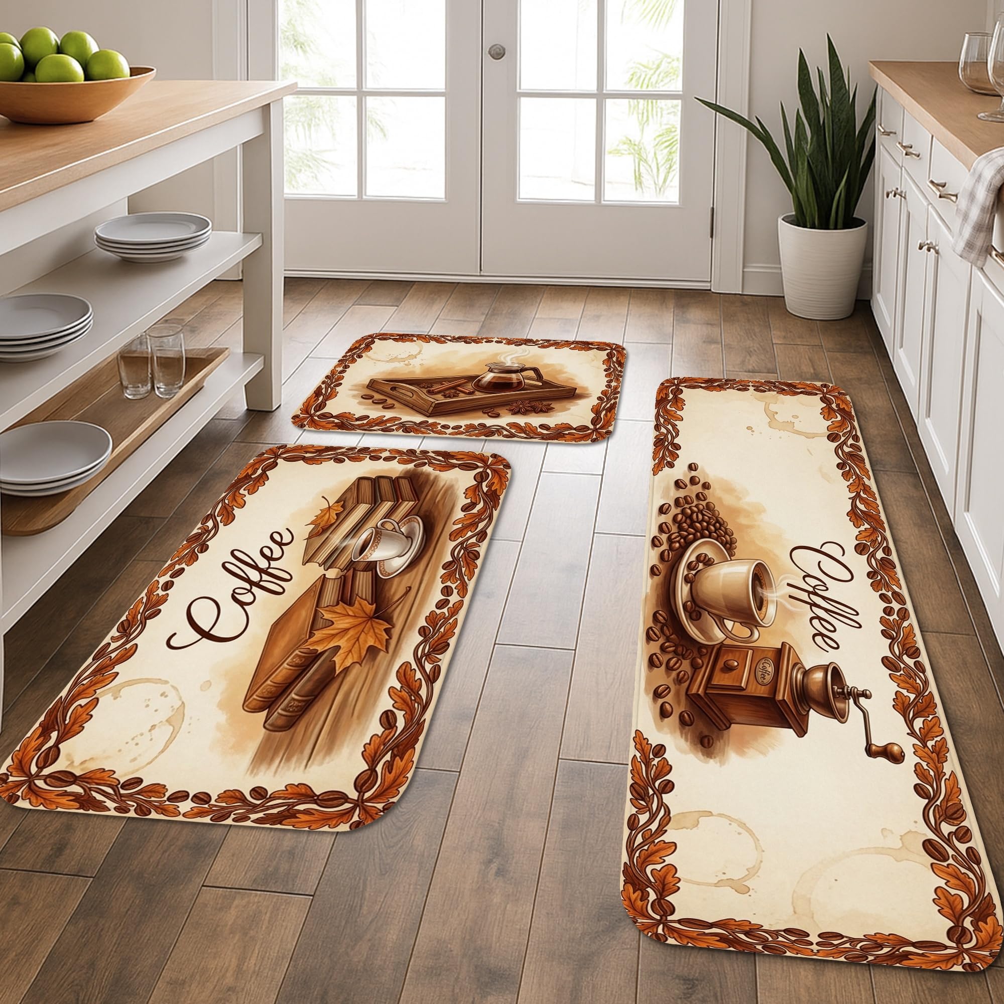 Tapis de cuisine lavable et confortable lot de 3 tapis rustiques antidérapants marron