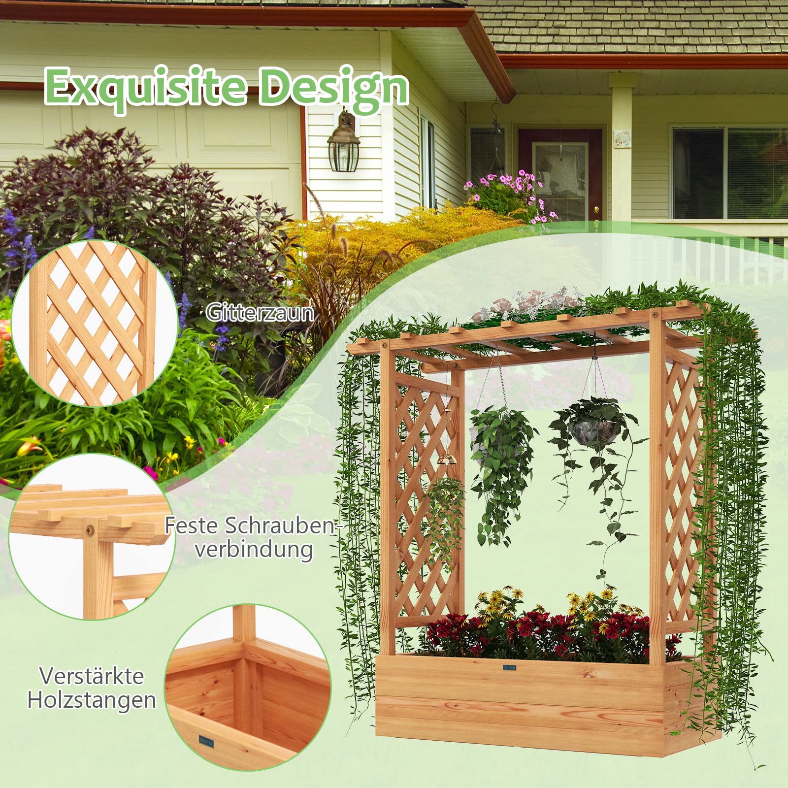 GOPLUS Verhoogd bloembed voor de tuin met latwerk, outdoor plantenbak voor klimplanten, 2 niveaus, tuinspalier met afvoergat, moestuin voor terras, binnenplaats, balkon (natuurlijk
