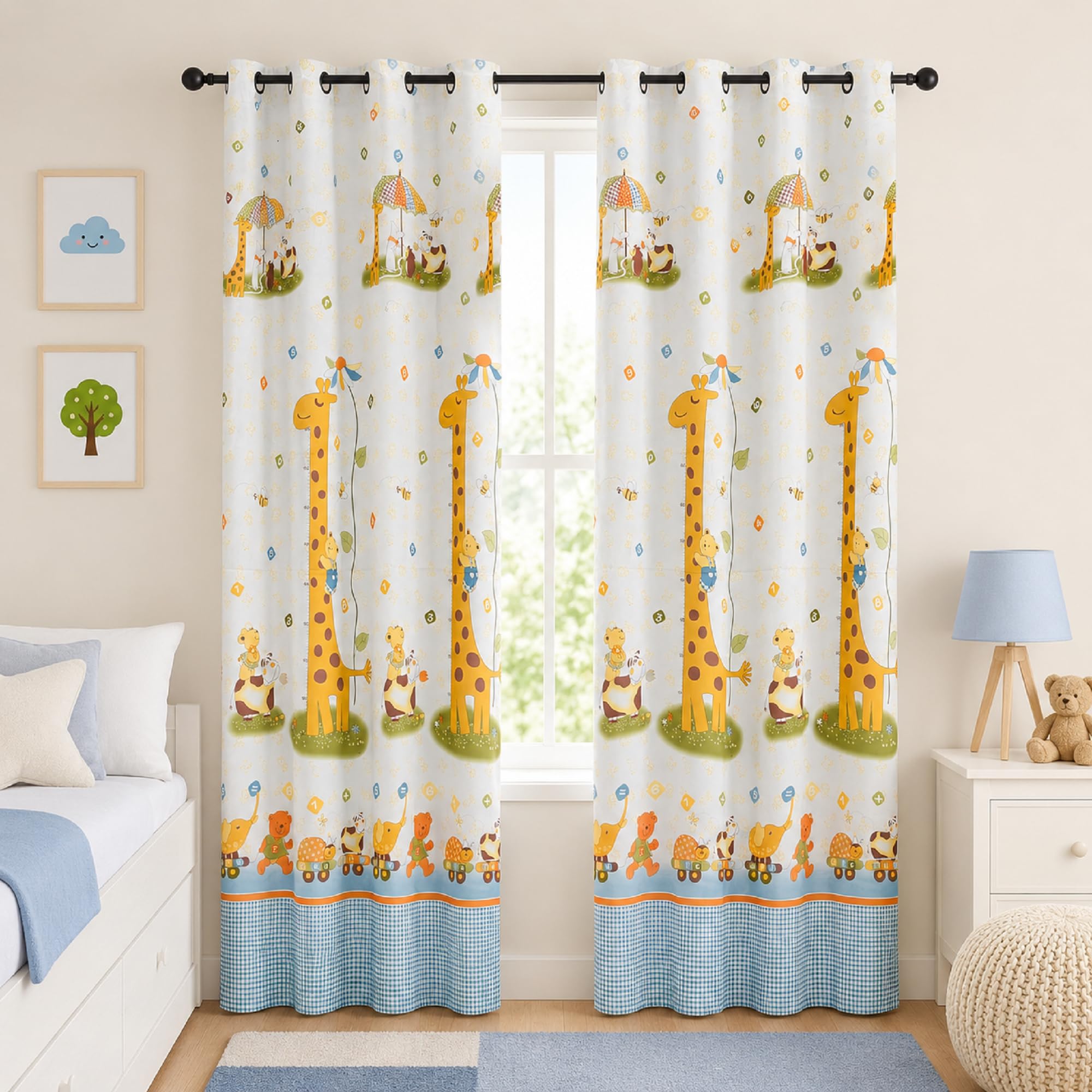 VKZ Set 2 Tende per Cameretta Bambini con Occhielli, Pannelli Tenda Filtranti per Camera da Letto Bambini e Finestra, Fantasia Giraffa Animali Trenino