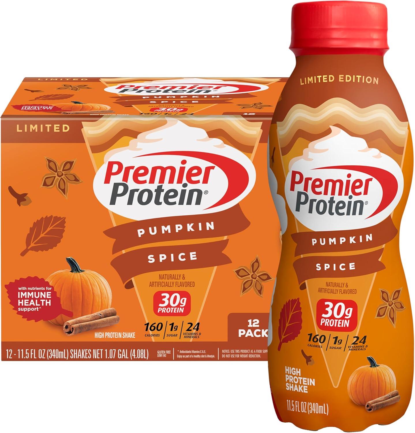 Premier Protein Shake Limited Edition 30g 1g Sugar 24 Vitamins Minerals Nutrients, Pumpkin Spice, 11.5 Fl Oz (Pack of 12) Artwork Case - Packaging May Vary