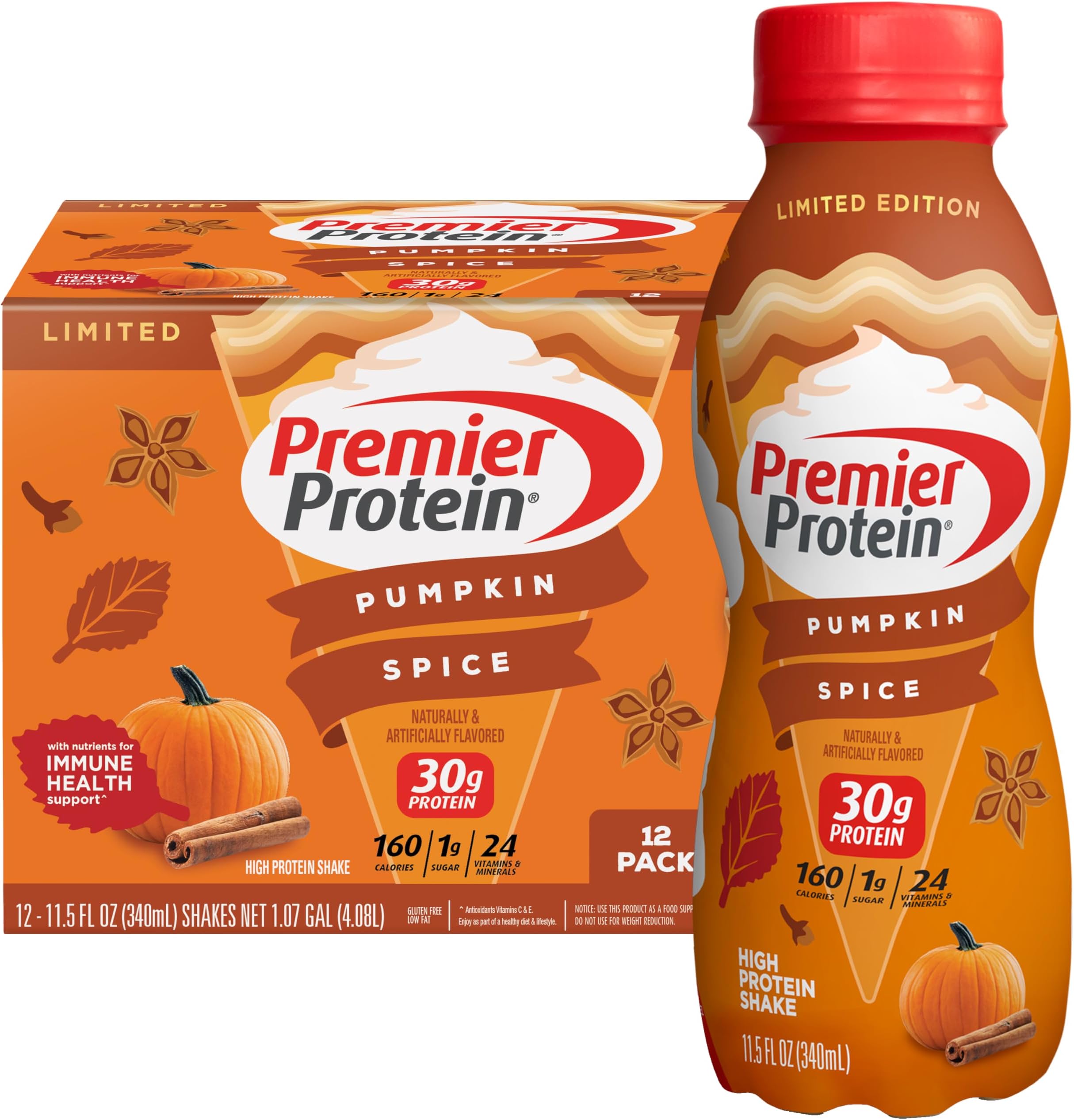 Premier ProteinShake Limited Edition 30g 1g Sugar 24 Vitamins Minerals Nutrients, Pumpkin Spice, 11.5 Fl Oz (Pack of 12) Artwork Case - Packaging May Vary
