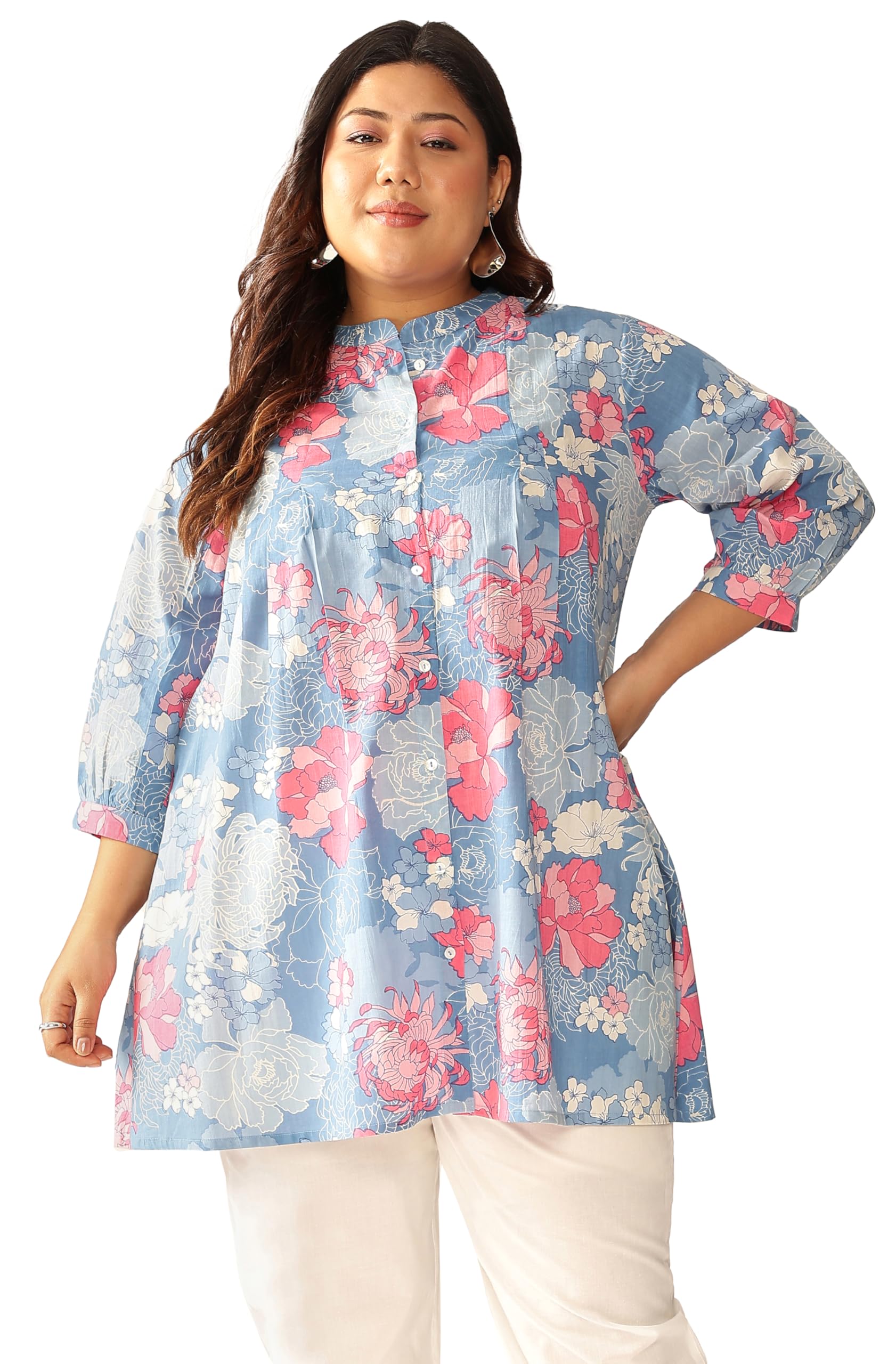 Women's Plus Size Blue Pure Cotton Floral Printed A-line Tunic