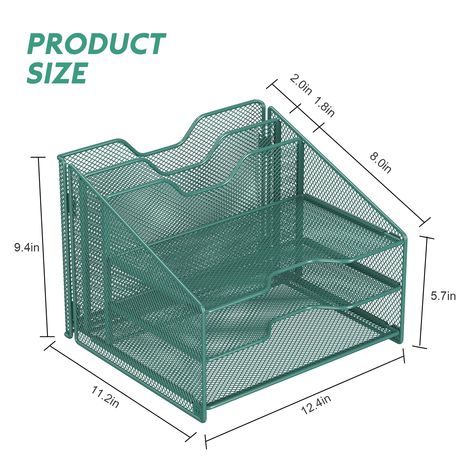 Samstar Green Desk File Organizer, Mesh Letter File Folder Holder with 3 Paper Trays and 2 Vertical Upright Section, for Office Supplies, Desk Accessories & Workspace, Green view 3