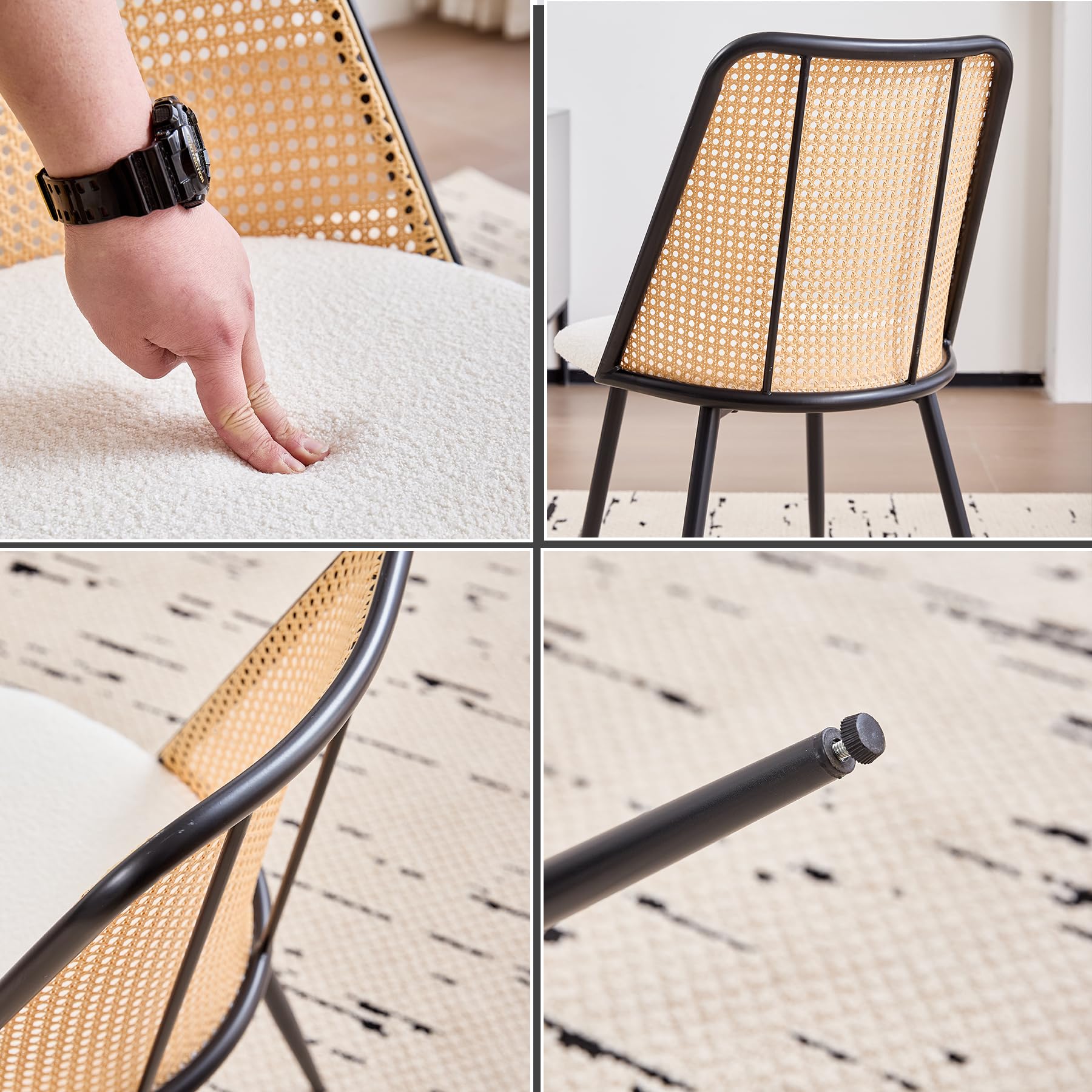 Juego de 8 Sillas de Comedor Modernas, Respaldo Tejido de Ratán, Asiento de Felpa Granulada, Estructura de Metal Negro, se Puede Usar como Silla de Cocina, Silla de Sala de Estar