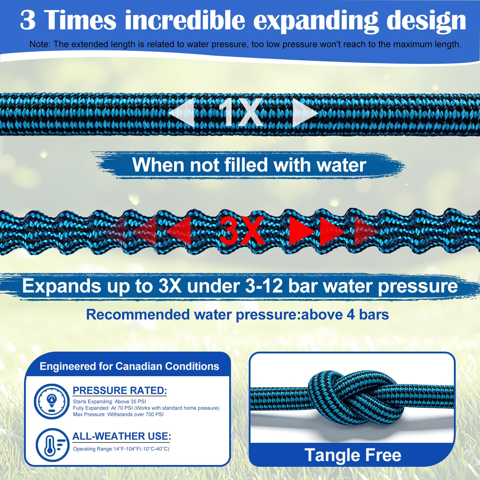 Expandable Garden Hose 100ft Water Hose with 10 Function Nozzle Flexible Expending Hose Kink Free,3-Layers Latex and 3/4 Solid Solid Fittings Retractable Collapsible Gardening Hose Pipe with Hook Blue - 4