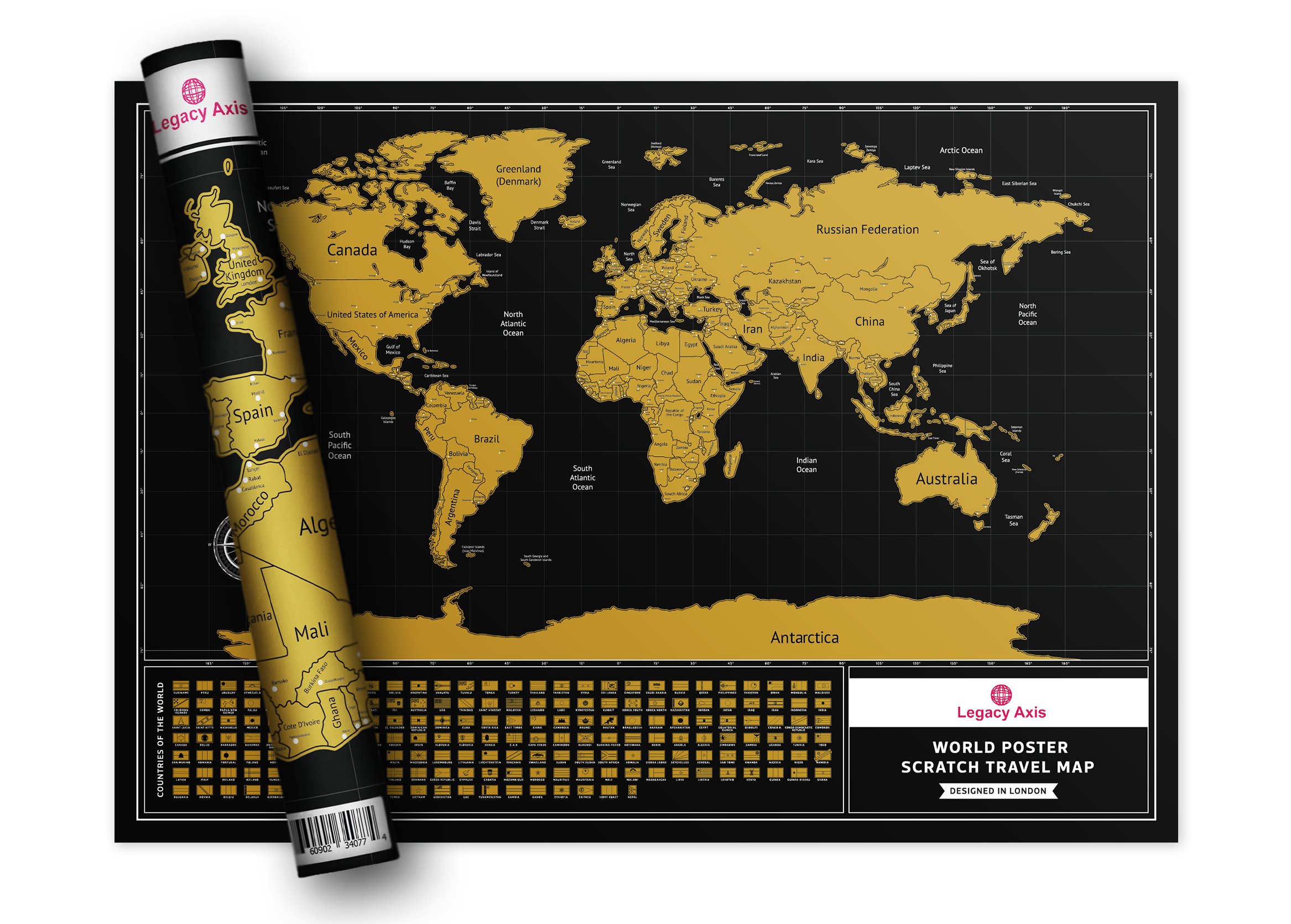 Legacy Axis Scratch Off Map-Personalised Multi-Colour World Map Poster- Perfect Traveler Gift Featuring Capitals, States,Cities,FREE Bonus Scratch Pen, Scratch Travel Journal