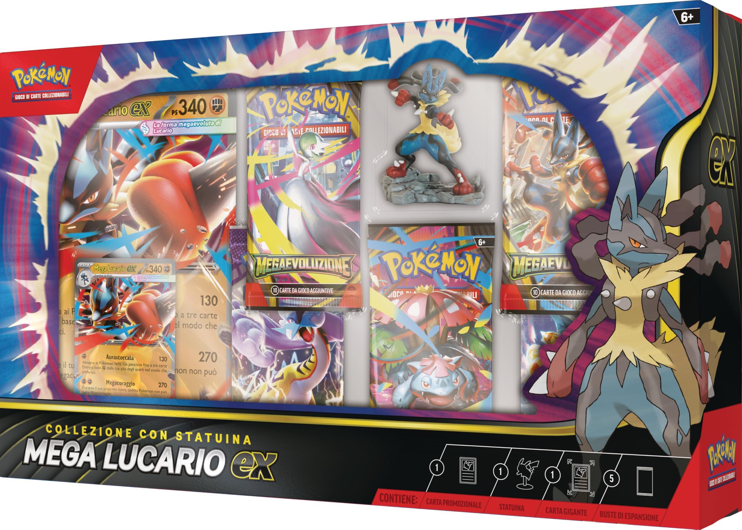 Pokémon: collezione con statuina Mega Lucario-ex del (una carta promozionale olografica, una carta promozionale gigante, cinque buste di espansione e una statuina di Mega Lucario)
