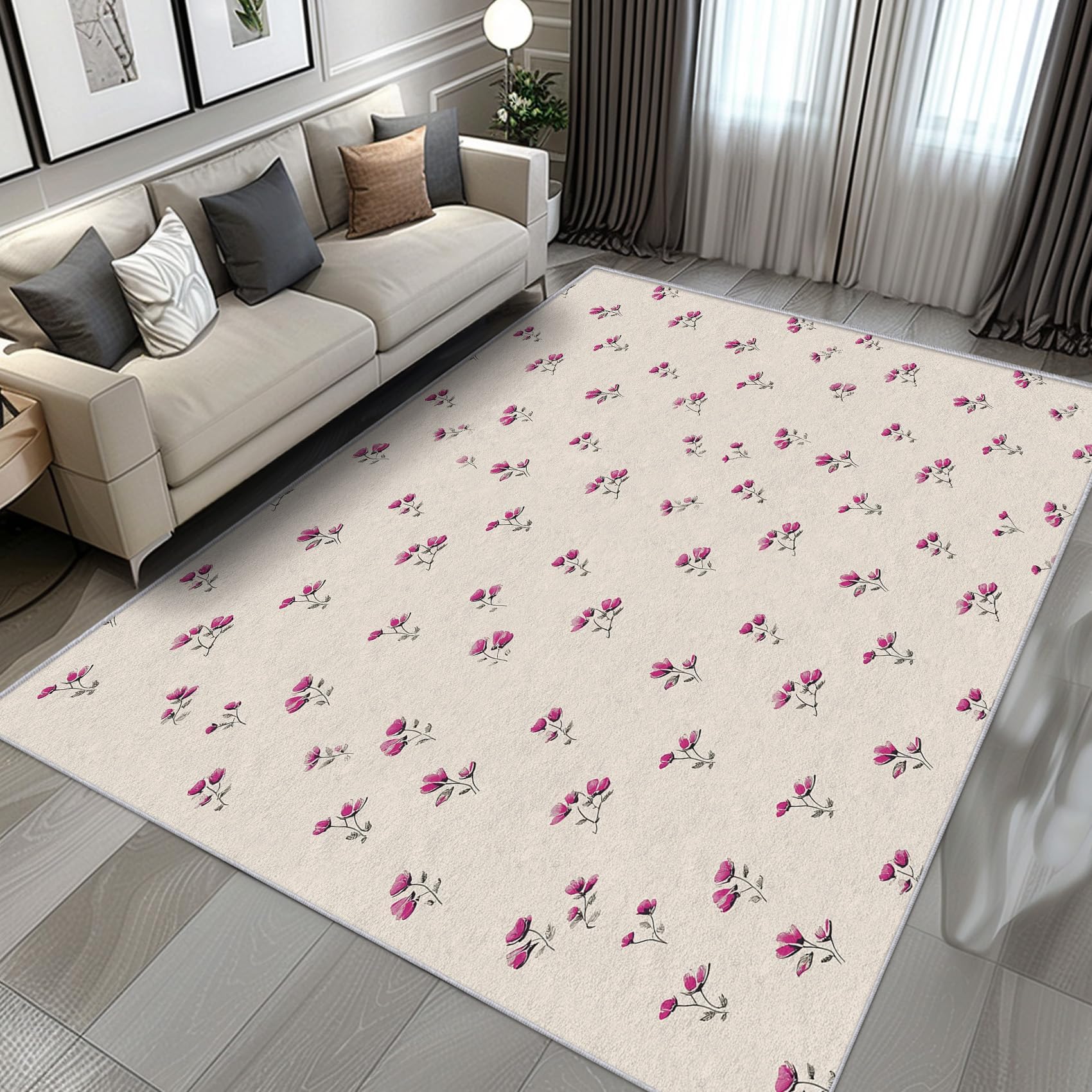Teppich Rustikale Schlafzimmer Rechteckiger Kurzflor, Lila Aesthetic Blumen Muster Teppiche Waschbar für Wohnzimmer Flur Wohndeko, Dünn Weich rutschfest(90x160cm)