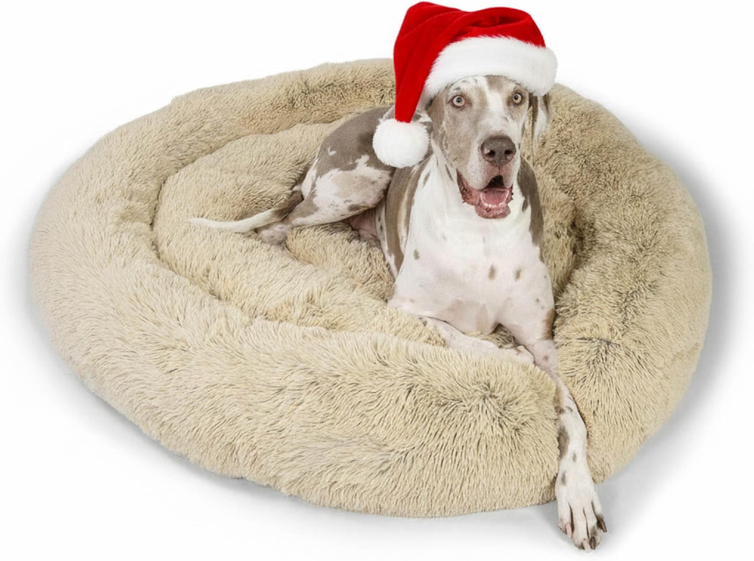 Best Friends by Sheri Original Calming Donut Dog and Cat Bed, Shag Faux Fur,Taupe, XXL (54in x 54in) - Anxiety Relief for Pets Up to 210 lbs