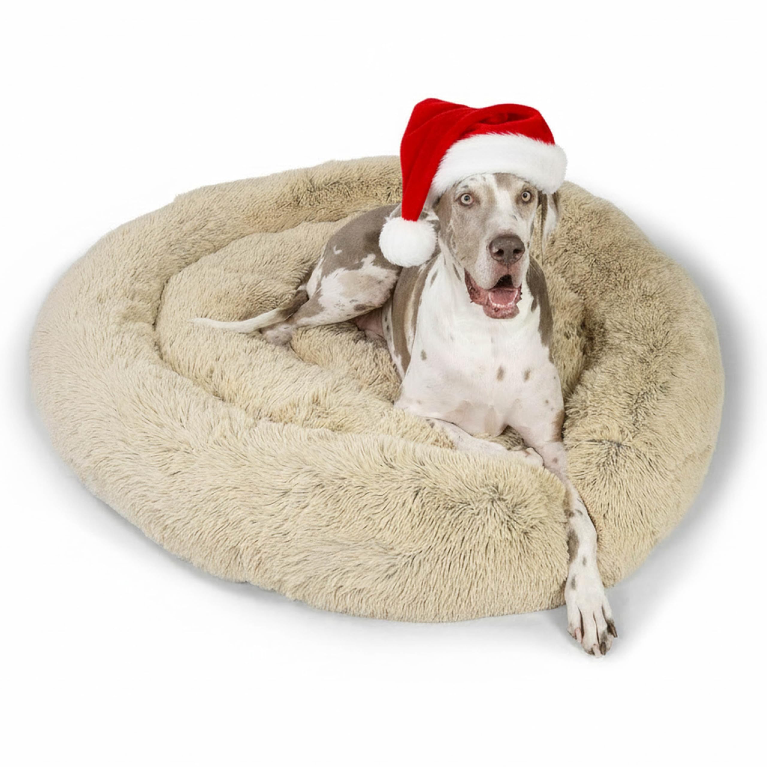 Best Friends by Sheri Original Calming Donut Dog and Cat Bed, Shag Faux Fur,Taupe, XXL (54in x 54in) - Anxiety Relief for Pets Up to 210 lbs