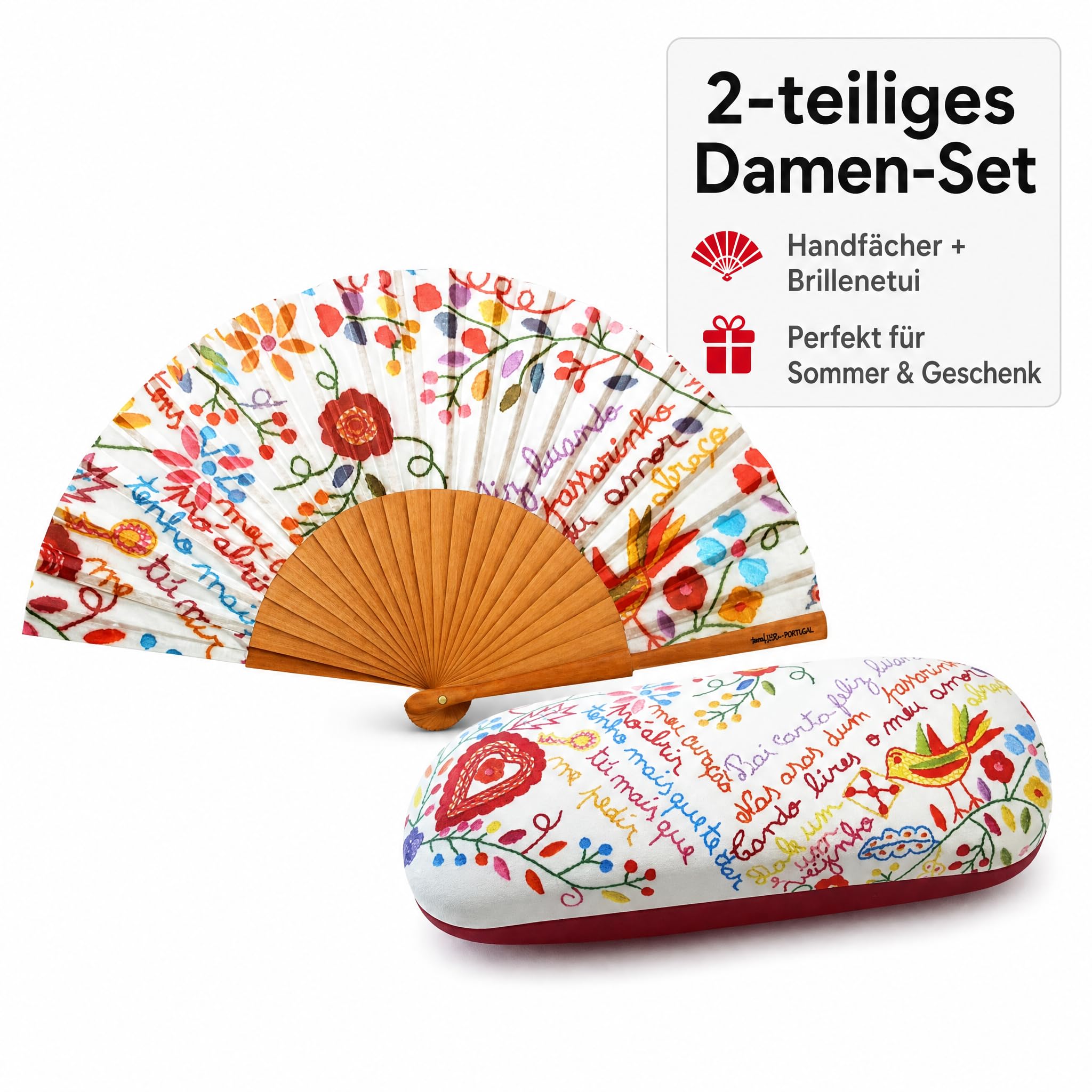 Handfächer & Brillenetui Set, Blumenmuster, Geschenkset Frauen | Faltbarer Handfächer mit Holzgestell und passendes Hartschalen-Brillenetui im Folk-Art-Design – als Muttertagsgeschenk