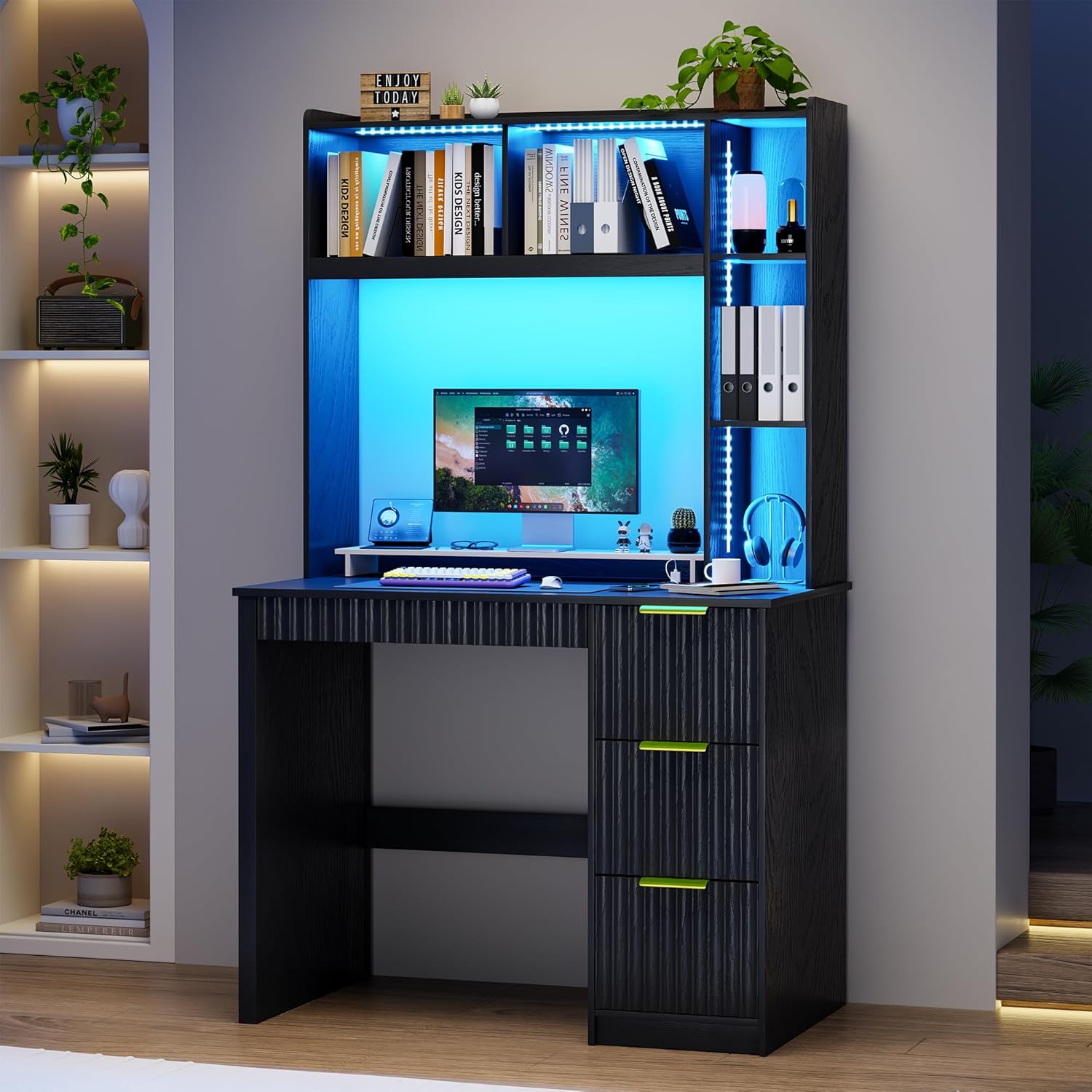 HNEBC Home Office Desk with Hutch and Drawers - 39" Standing Computer Desk with Charging Station&3 Color Lights,Hidden Compartment & Fluted Panel Design, LED Writing Desk for Bedroom, Study (Black)