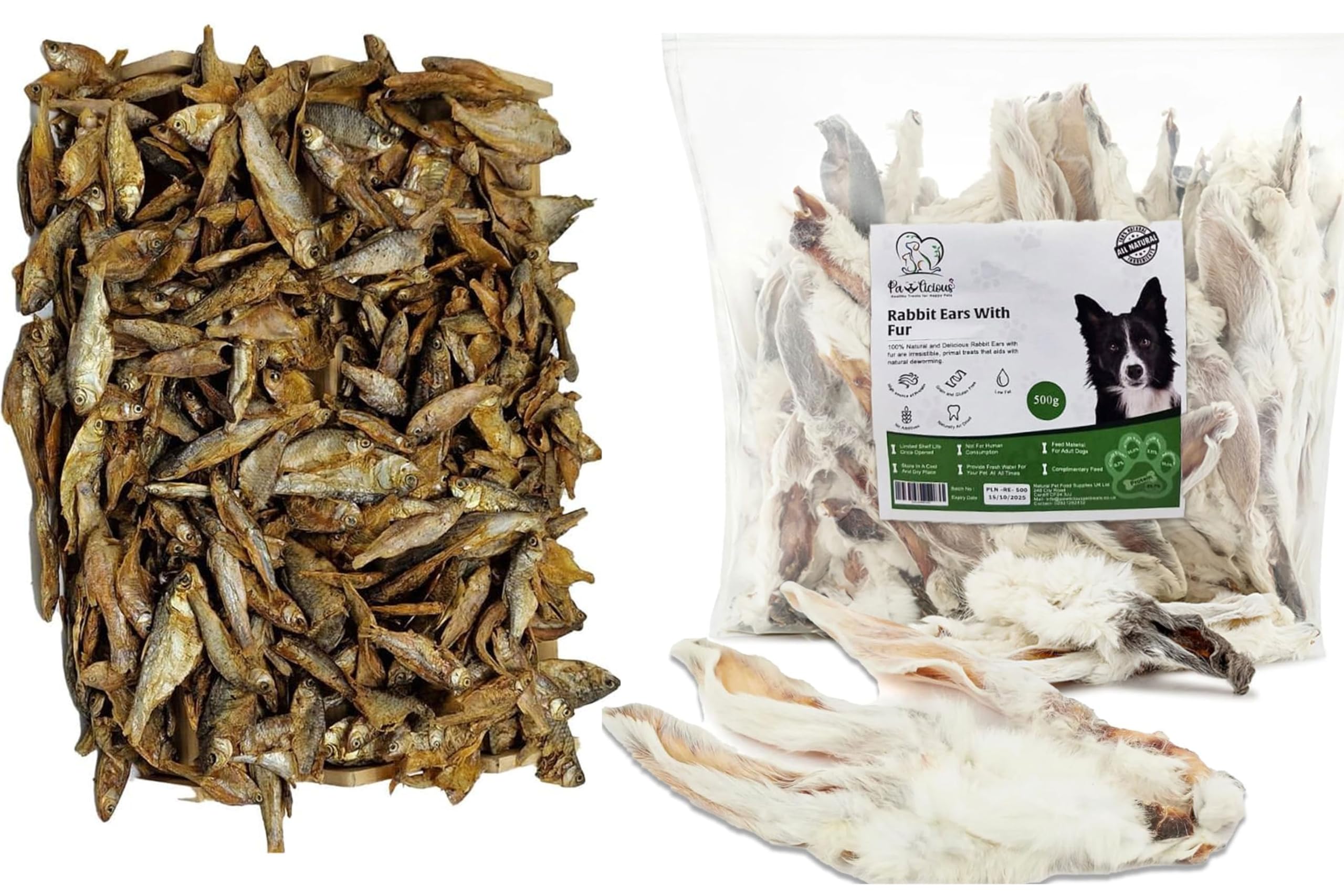 Combo Pack 1kg Rabbit Ears and 1kg Economy Fish Sprats, 100% Natural Air-Dried Dog Chew, Grain & Gluten Free Pet Treats for Puppy, Adult & Seniors, Healthy & Hypoallergenic Dog Snacks Food