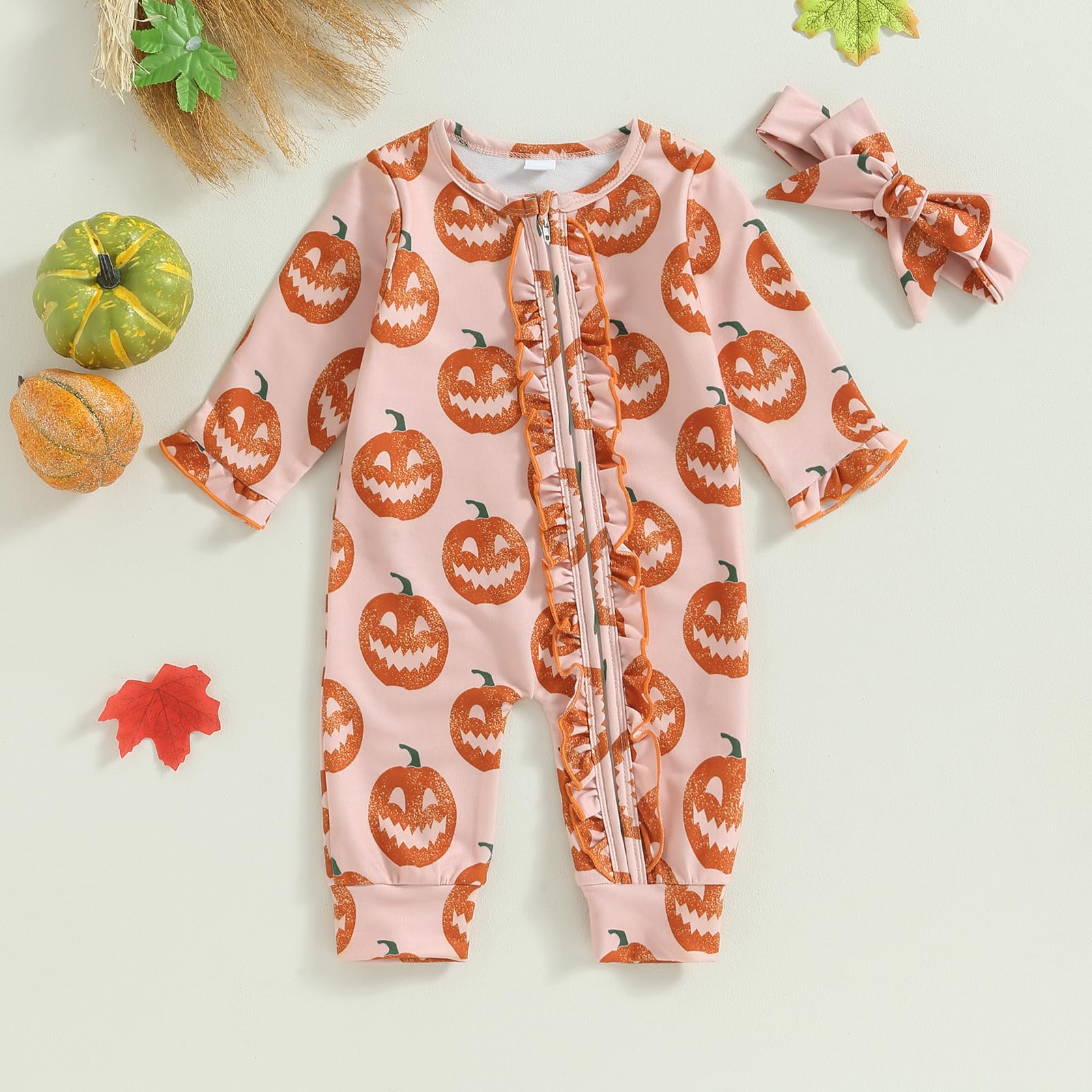 Doisbetthsay Halloween Newborn Baby Girl Clothes Infant Long Sleeve Romper Jumpsuit Bodysuit Christmas Outfits (Orange, 0-3 Months)