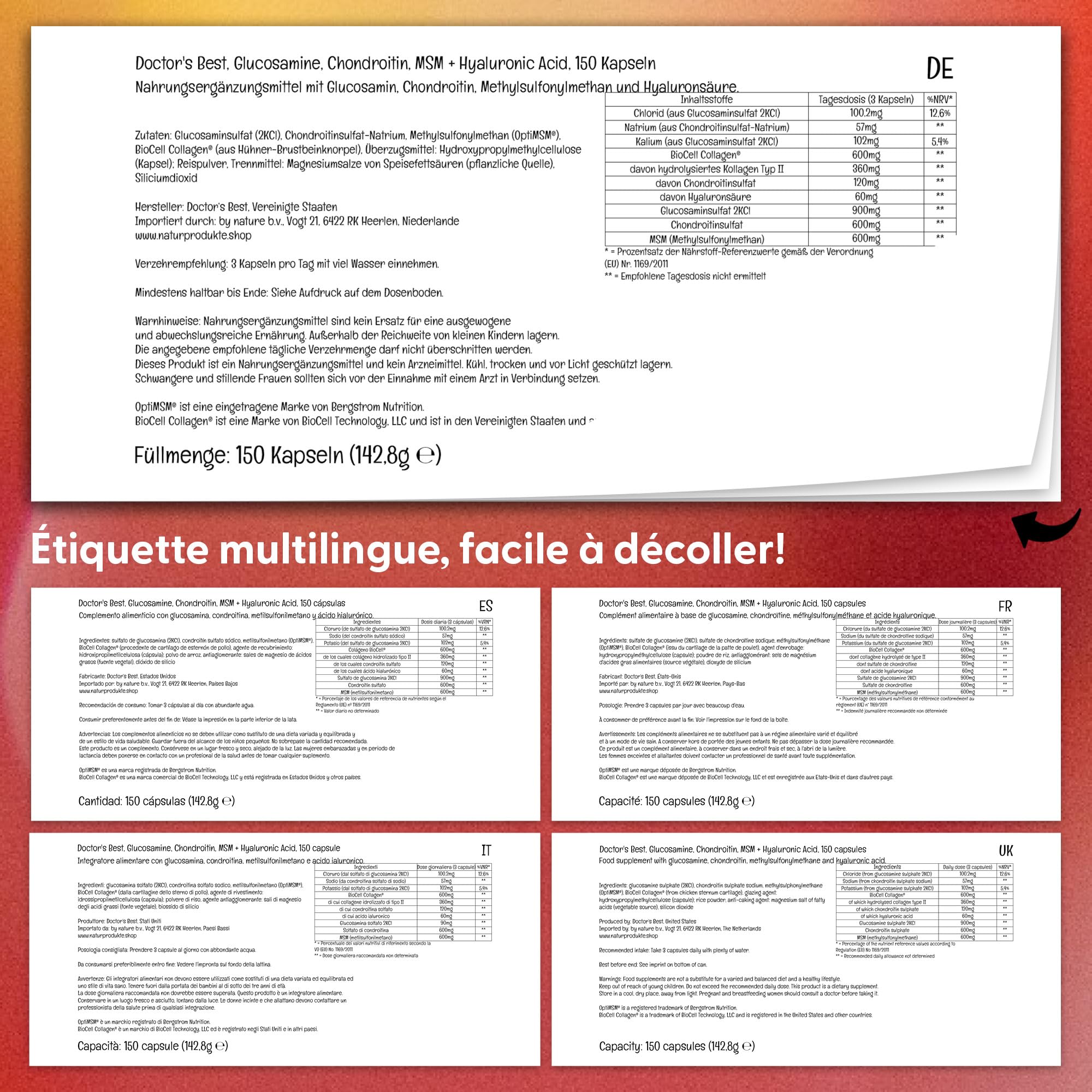 Doctor's Best, Glucosamine, Chondroïtine, MSM et Acide Hyaluronique, 150 Gélules, Sans Gluten, Sans Soja
