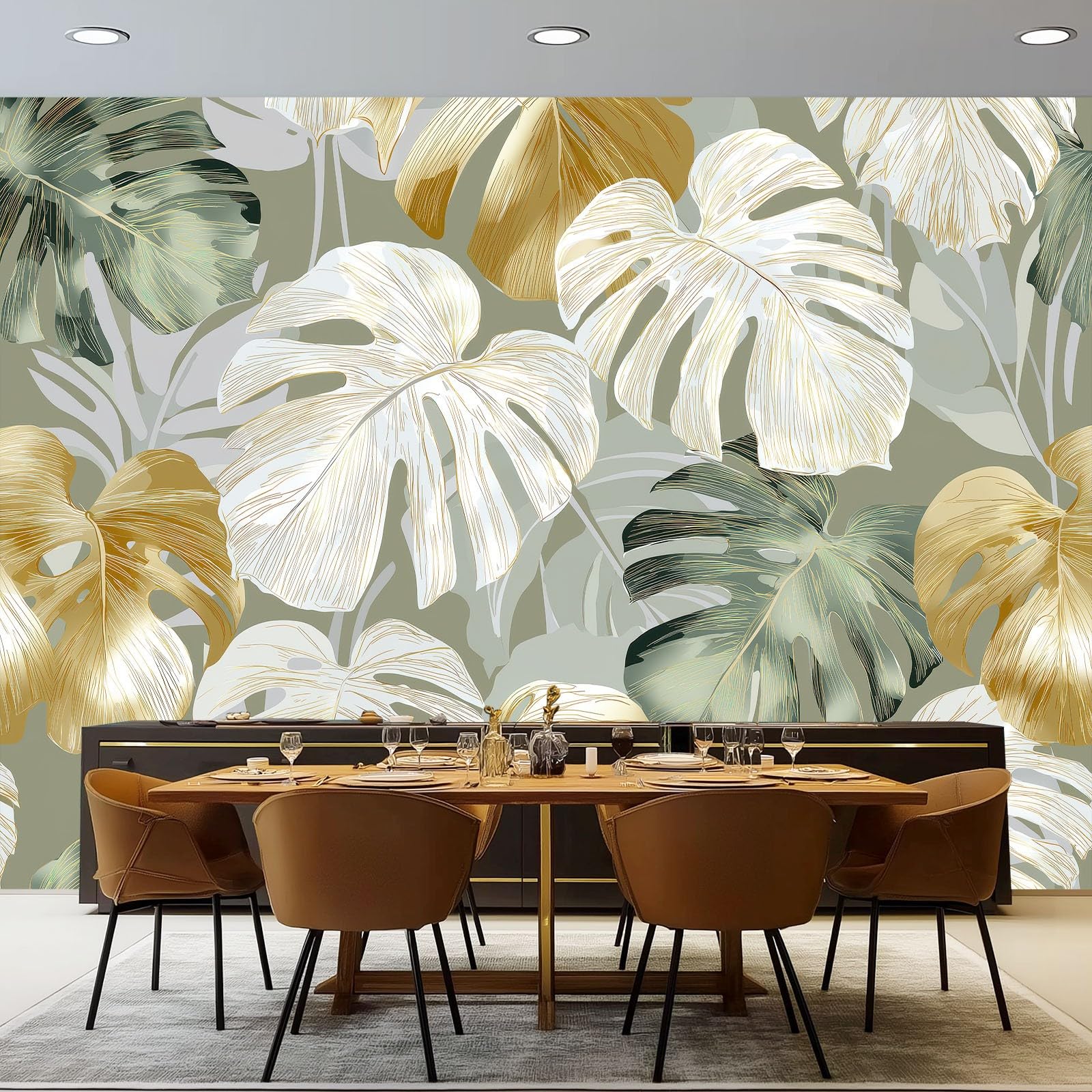 Tapeta ścienna 400 x 280 cm do salonu sypialnia kuchnia - luksusowy tropikalny wzór liści monstera - łatwy w montażu, druk o wysokiej rozdzielczości, wodoodporny i łatwy do czyszczenia, zielony