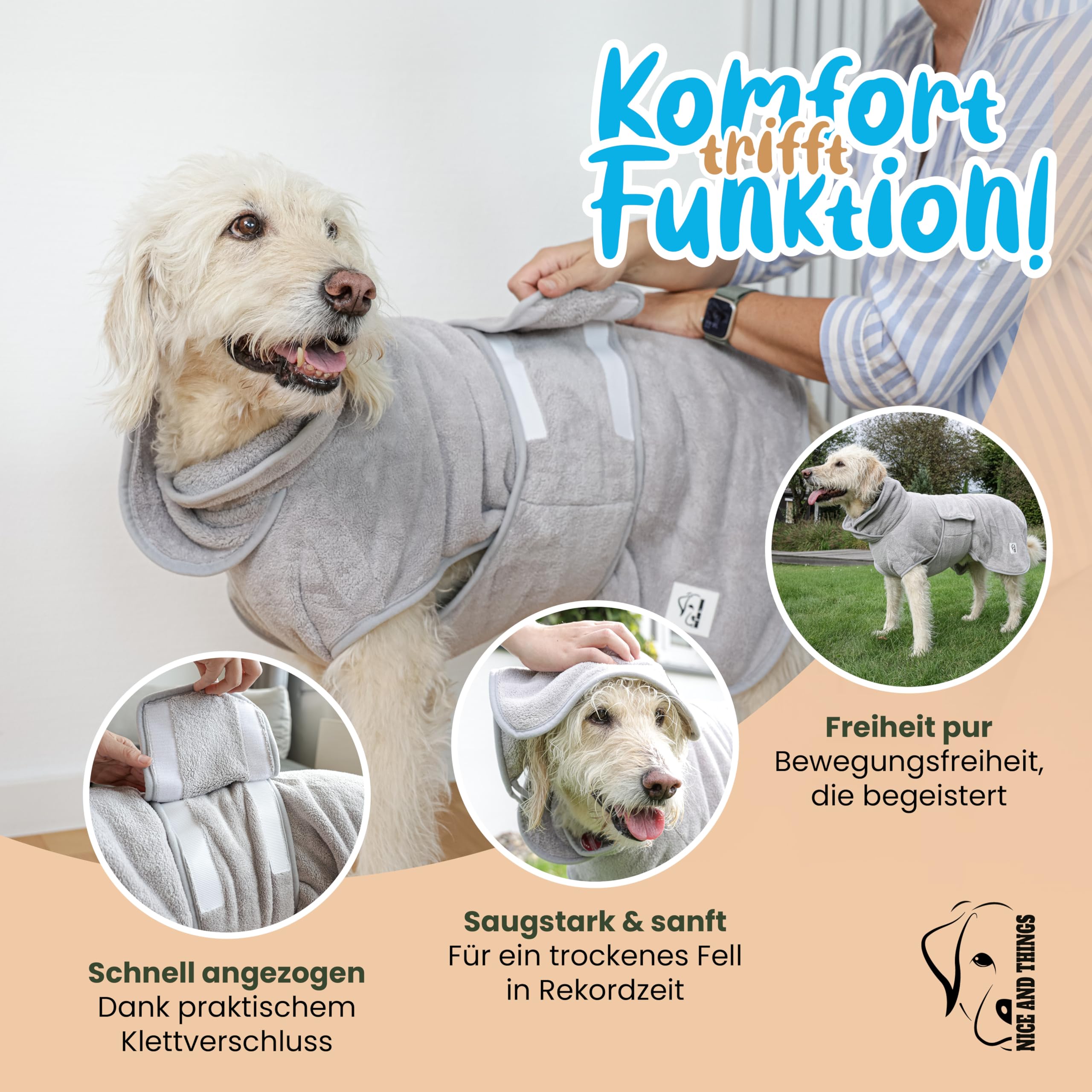 Hundebademantel - Flauschiger Mikrofaser-Mantel Grösse: XL - grau | für trockene, glückliche HundeSaugstark, Maschinen waschbar