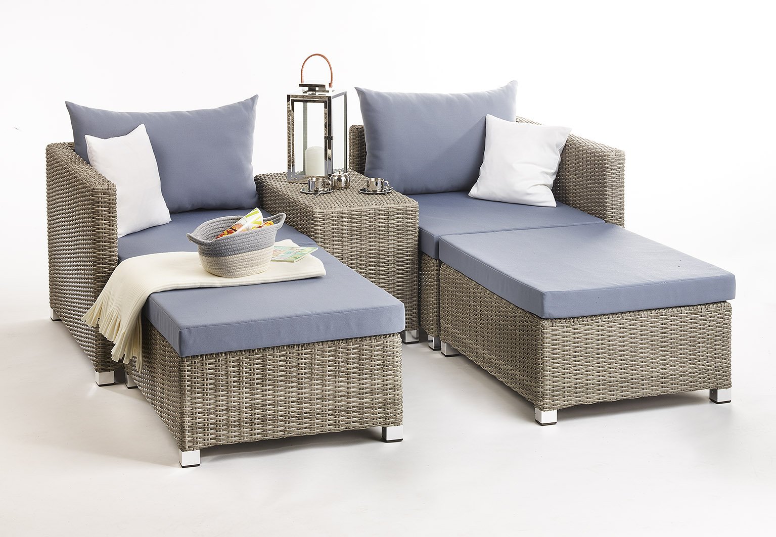 Kobolo Loungemöbel 2 Hocker 2 Sessel 4 Polster 2 Kissen 1 Tisch - Polyrattan