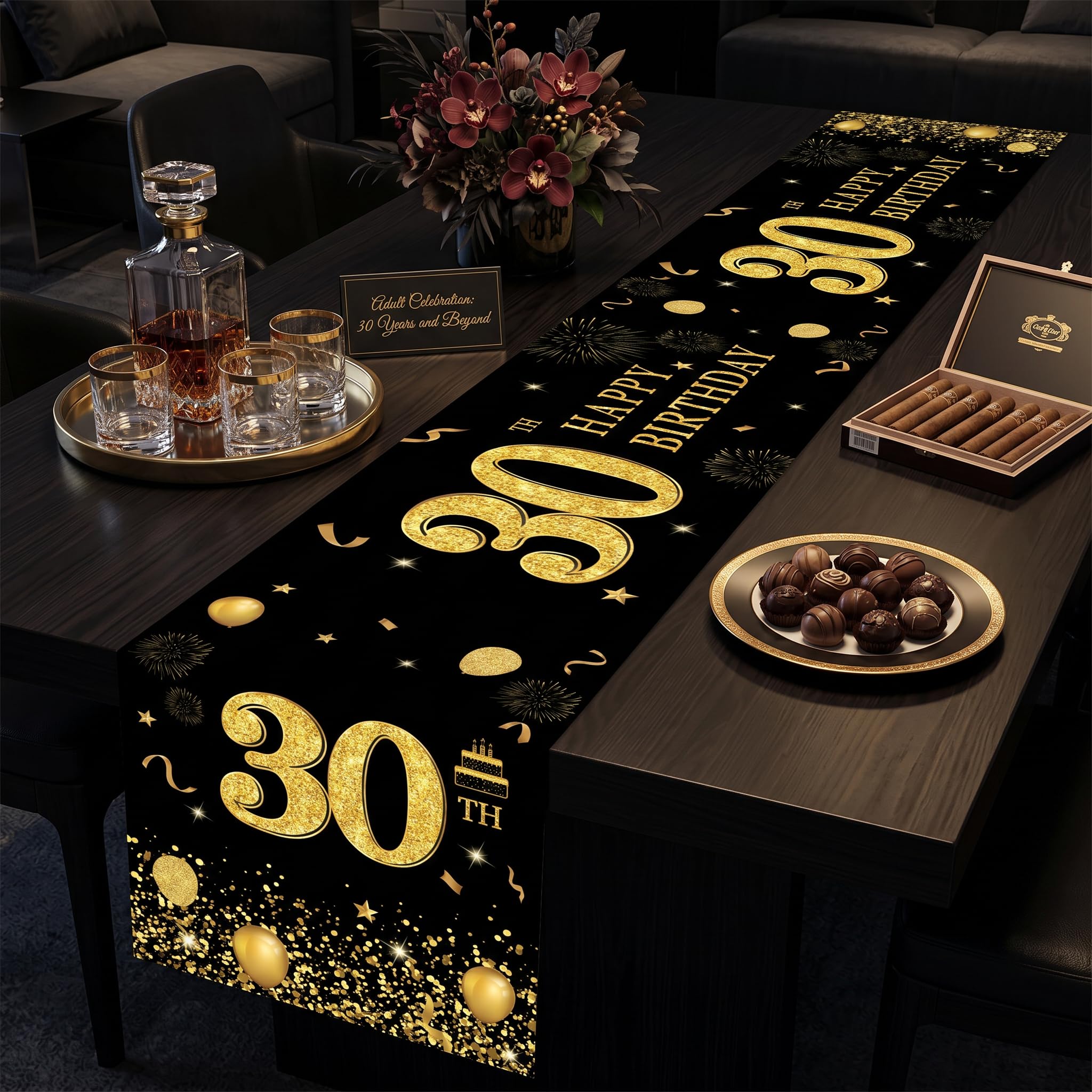 30th Birthday Decorations Black Gold Table Runner - Reusable Polyester Table Decor for Adult Birthday Party, Anniversary Celebration