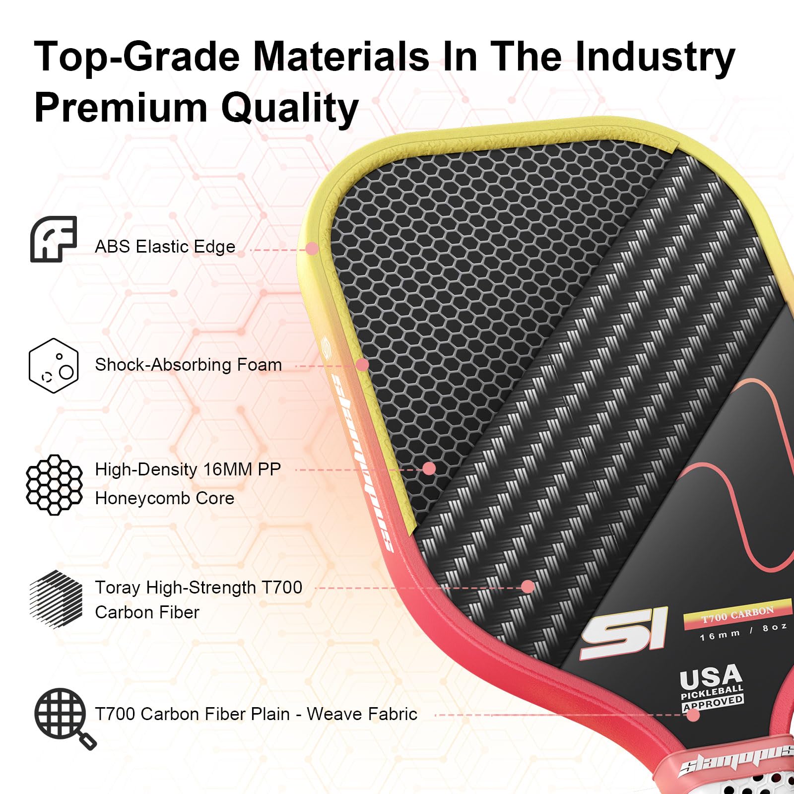 Pickleball Paddle, Professional Carbon Fiber Paddle with 16mm Honeycomb Core Pickleball Rackets, T700 Carbon Woven Surface & High-Friction and Perfect Hitting Feedback Paddles, Two-Handed Design