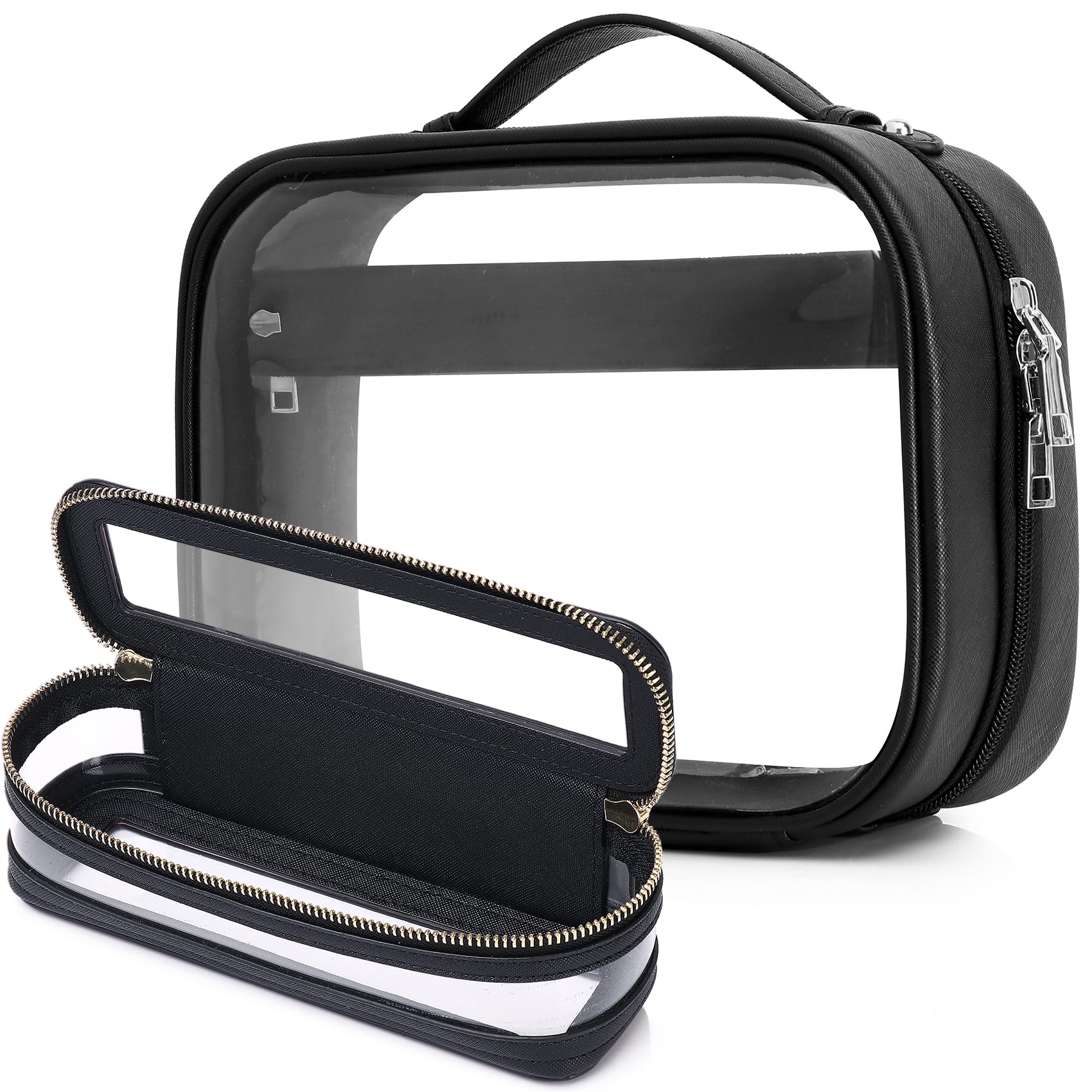 Pinkmik Travel Makeup Bag Set Portable Clear Cosmetic & Toiletry Case Women's Purse Organizer and Car Essentials with Zipper (X/Black, M+SLIM)