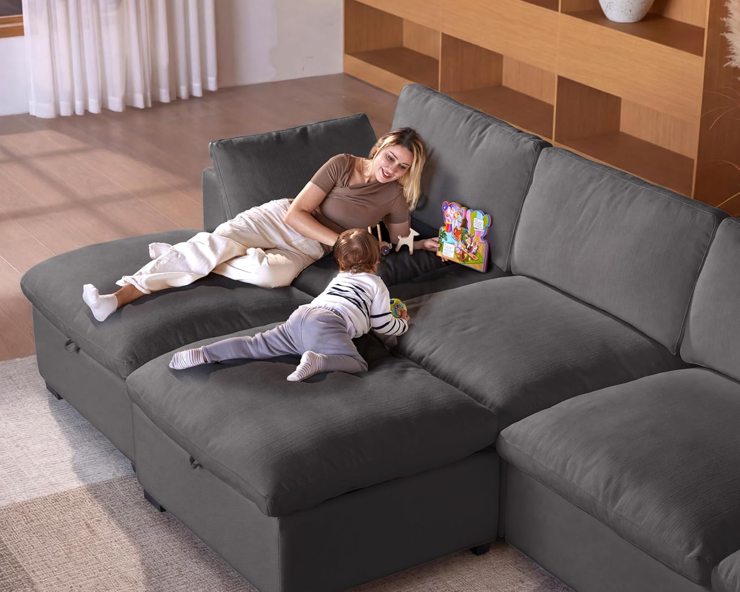 WEUP 120" Oversized Cloud Modular Sectional Sofa for Living Room, 3 Seat U Shaped Cloud Couch with Storage Ottoman, Down-Filled Wide Deep Seat, Solid Wood Frame, Tool Free Assembly, Dark Grey