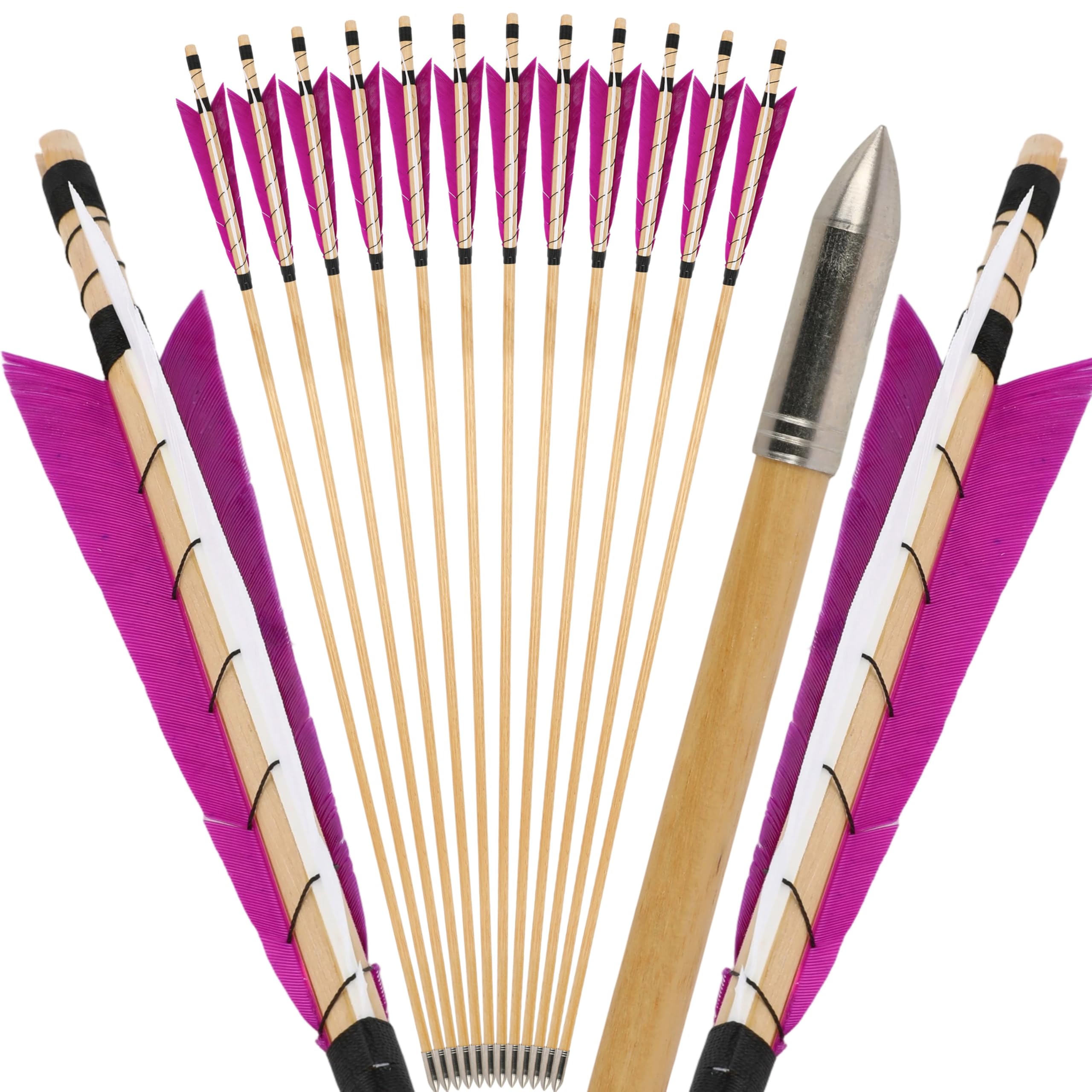 limaity 32" Archery Wooden Arrows Traditional Hunting Arrows with 5" Natural Feather Wooden Arrows for Recurve Bow Longbow (12PCS,2 Magenta 1 White