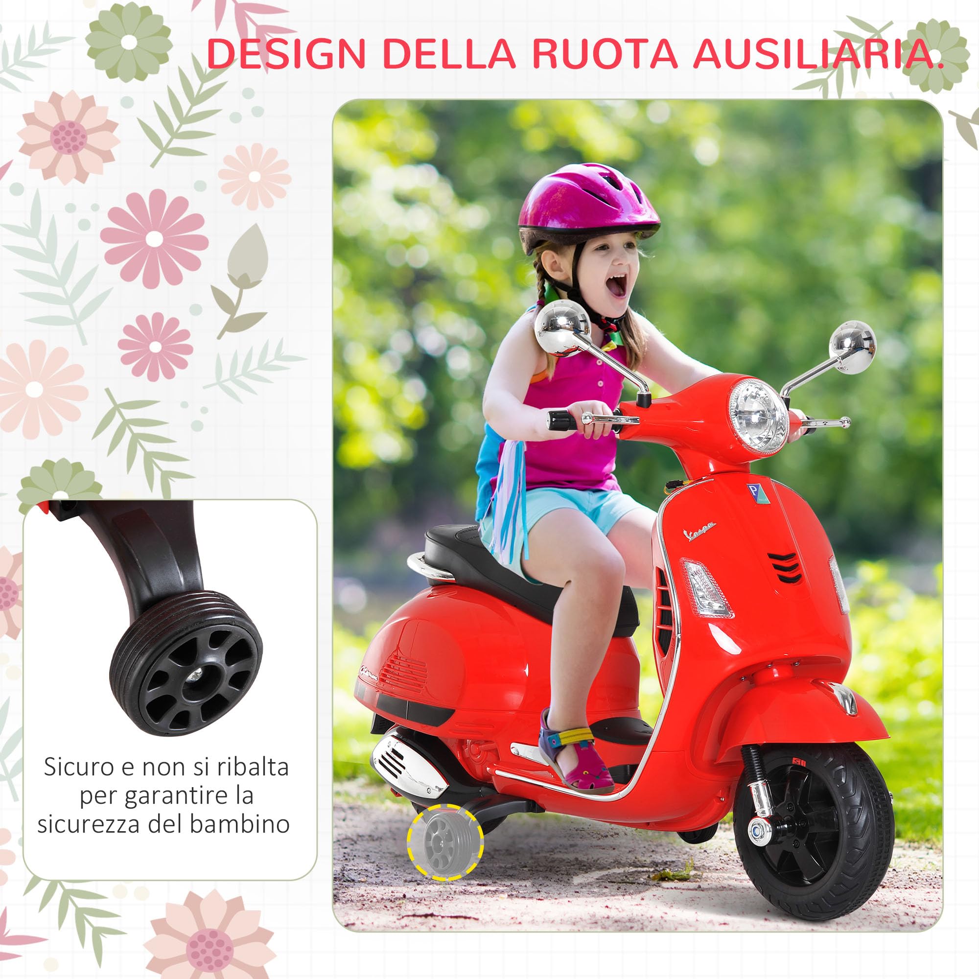 HOMCOM Vespa Moto Elettrica per Bambini, 6V Motorino Elettrico 3-6 Anni, Rosso, 102x50.5x75.5 cm