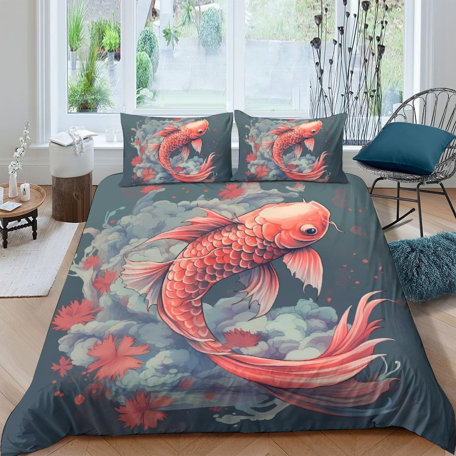 Ctjqhvkz Style-10 3D Printed Koi Fish Fitted Sheet Microfiber Anti-Slip Red Artistic Floral Bed Cover Bedroom Guest Room Decor Single（135X200cm）