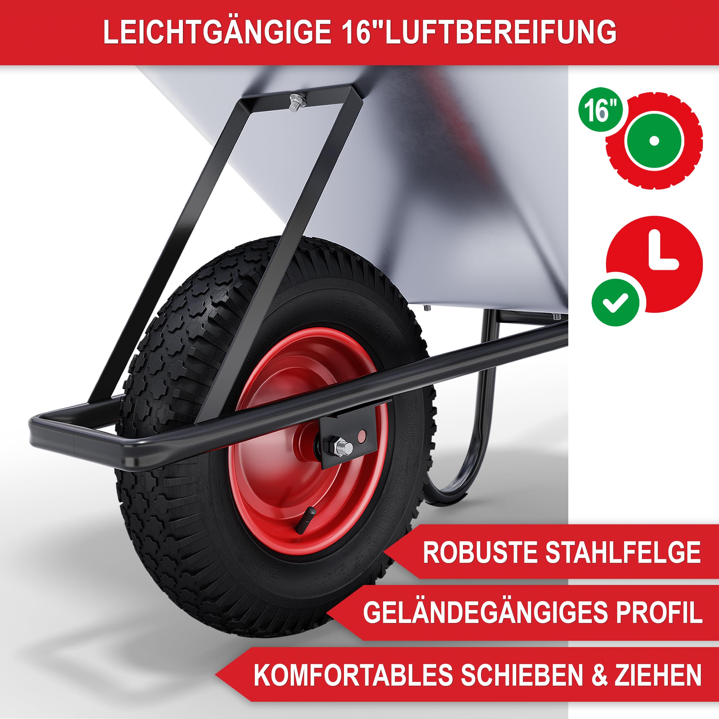 ONBEST Schubkarre mit 100 Liter vollverzinkt Silber – 250 kg Tragkraft – Luftreifen auf Stahlfelge – pulverbeschichteter Stahlrahmen schwarz – Bauschubkarre Gartenkarre – Plus Gartenabfallsack groß