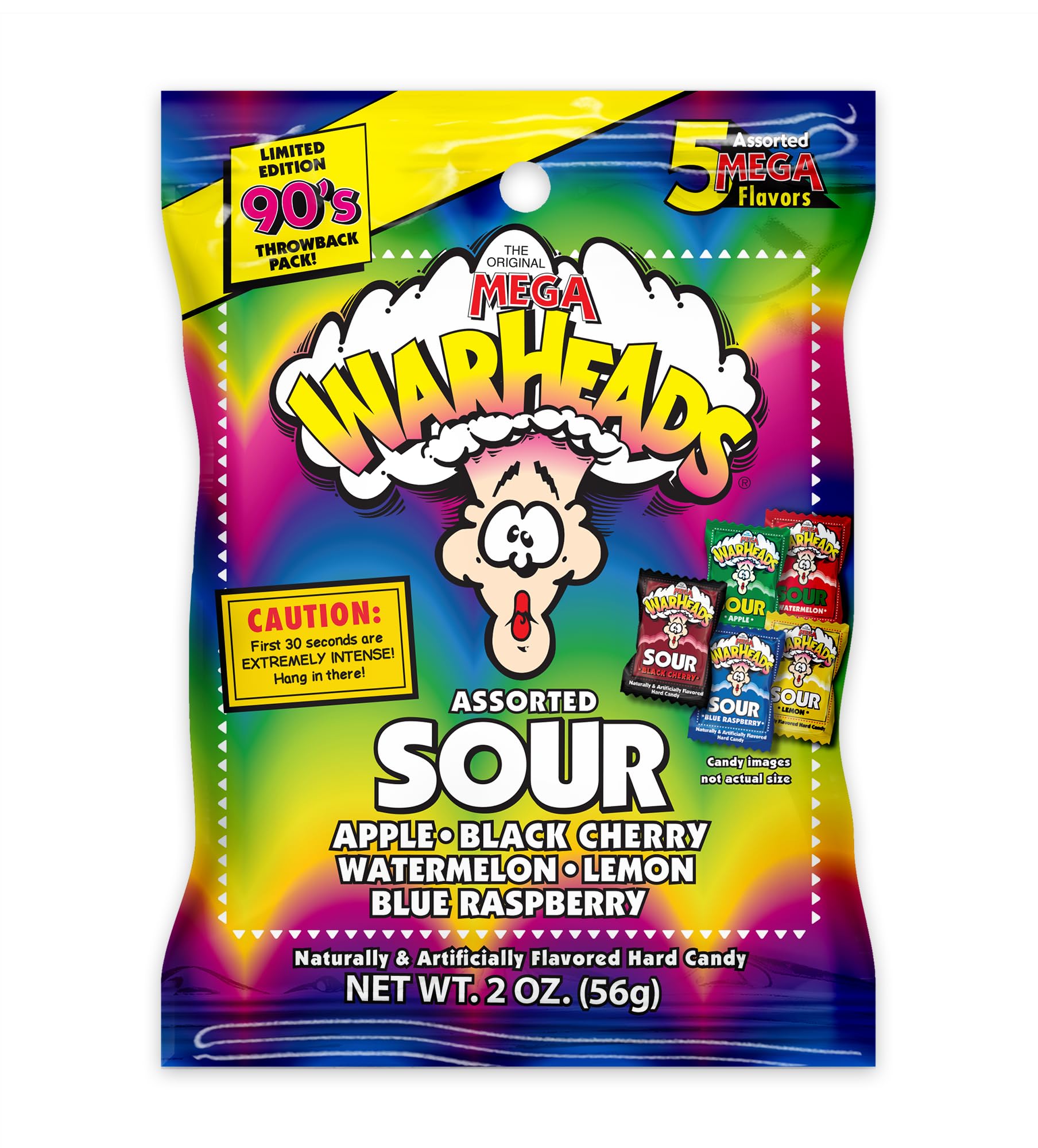 WARHEADS - Extreme Sour Hard Candy - Assorted Flavors - Sour Apple, Black Cherry, Blue Raspberry, Lemon & Watermelon Flavors - 2 oz. Bag