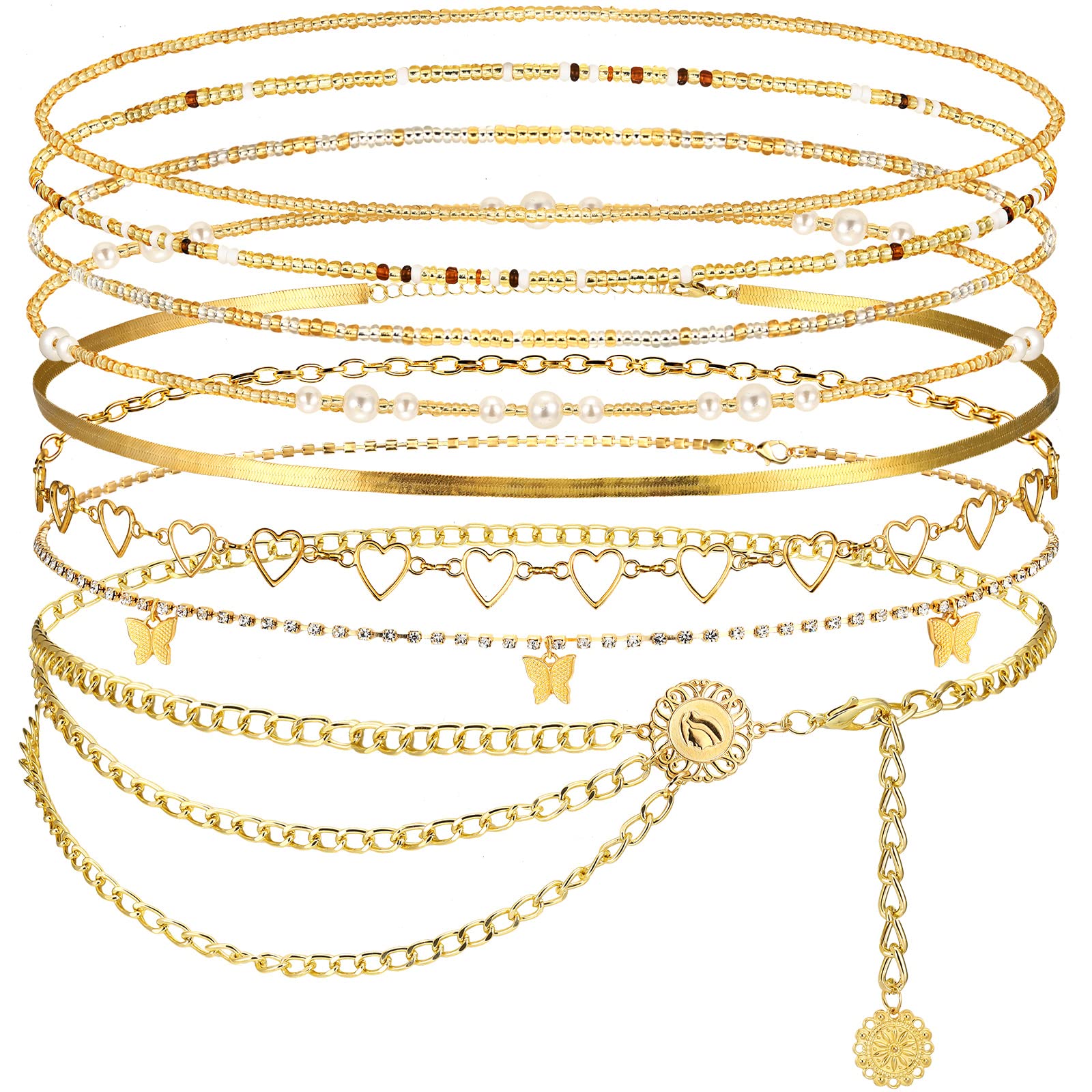 JenPen 8 Pcs Belly Chain Adjustable Waist Chain Summer Beach Bikini Waist Body Beads for Women Adults Multilayer