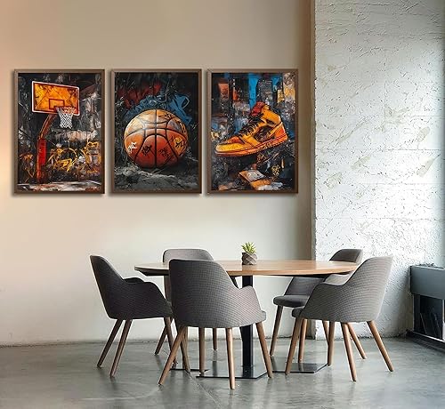 Miniatura 6 de 3 piezas de arte de pared de baloncesto con grafiti en lienzo, pósteres de cancha de baloncesto, impresiones, pinturas, grafiti retro abstracto,