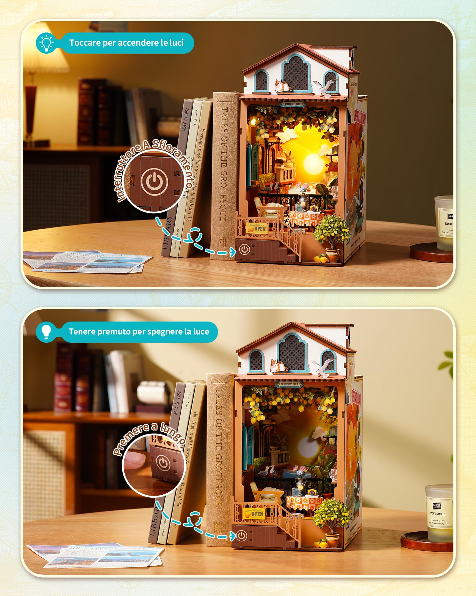 Rolife Book Nook Kit Miniature da Costruire DIY Booknook Isola del Tramonto 3d Puzzle Legno con Luci Decorazione Libreria Casa Modellismo da Costruire Adulti Diorama Modellismo