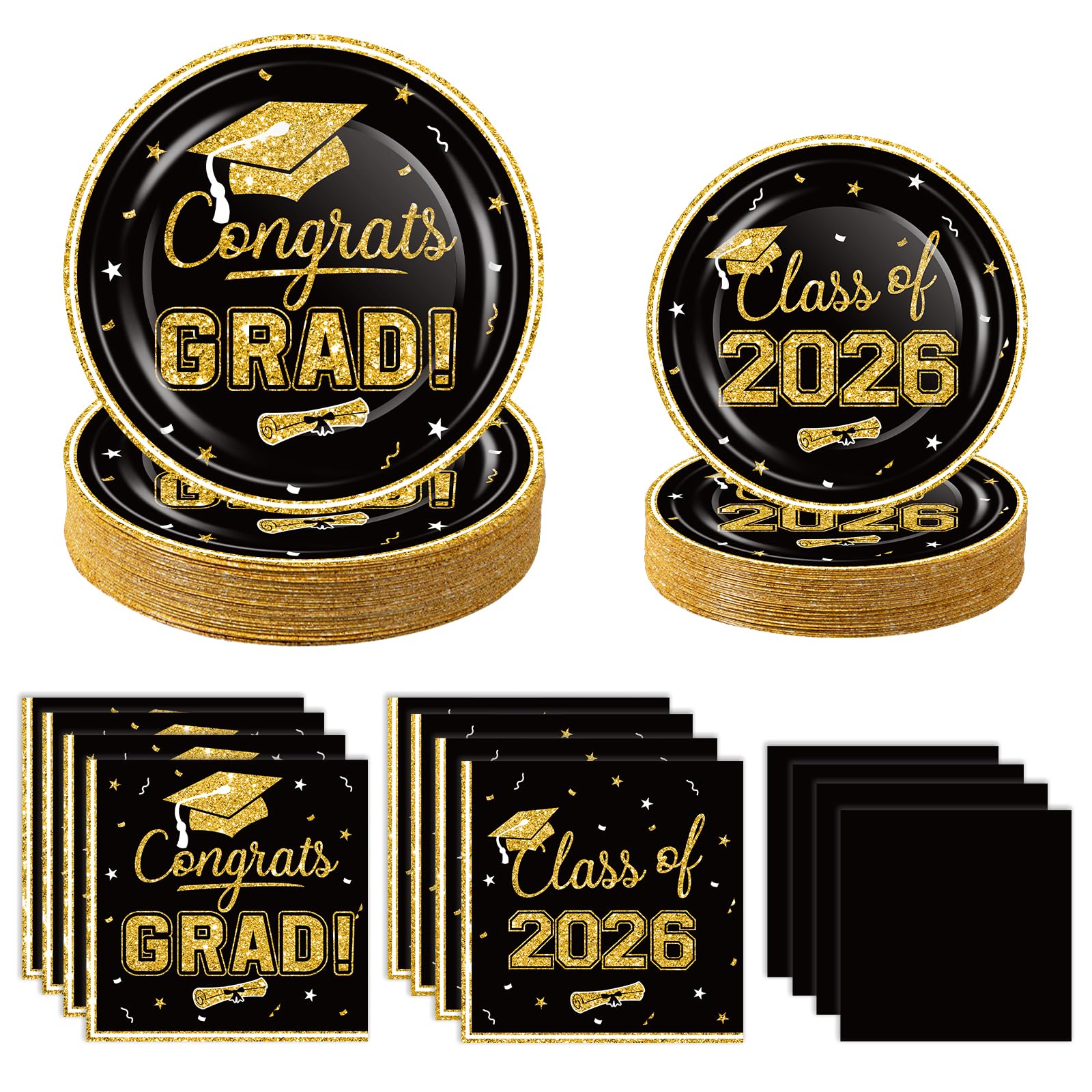 2026 Graduation Party Supplies Tableware Set - 200 Pcs Black Gold Graduation Plates and Napkins Class of 2026 Disposable Dinnerware for College High School Congrats Graduation Party favors, Serve 50