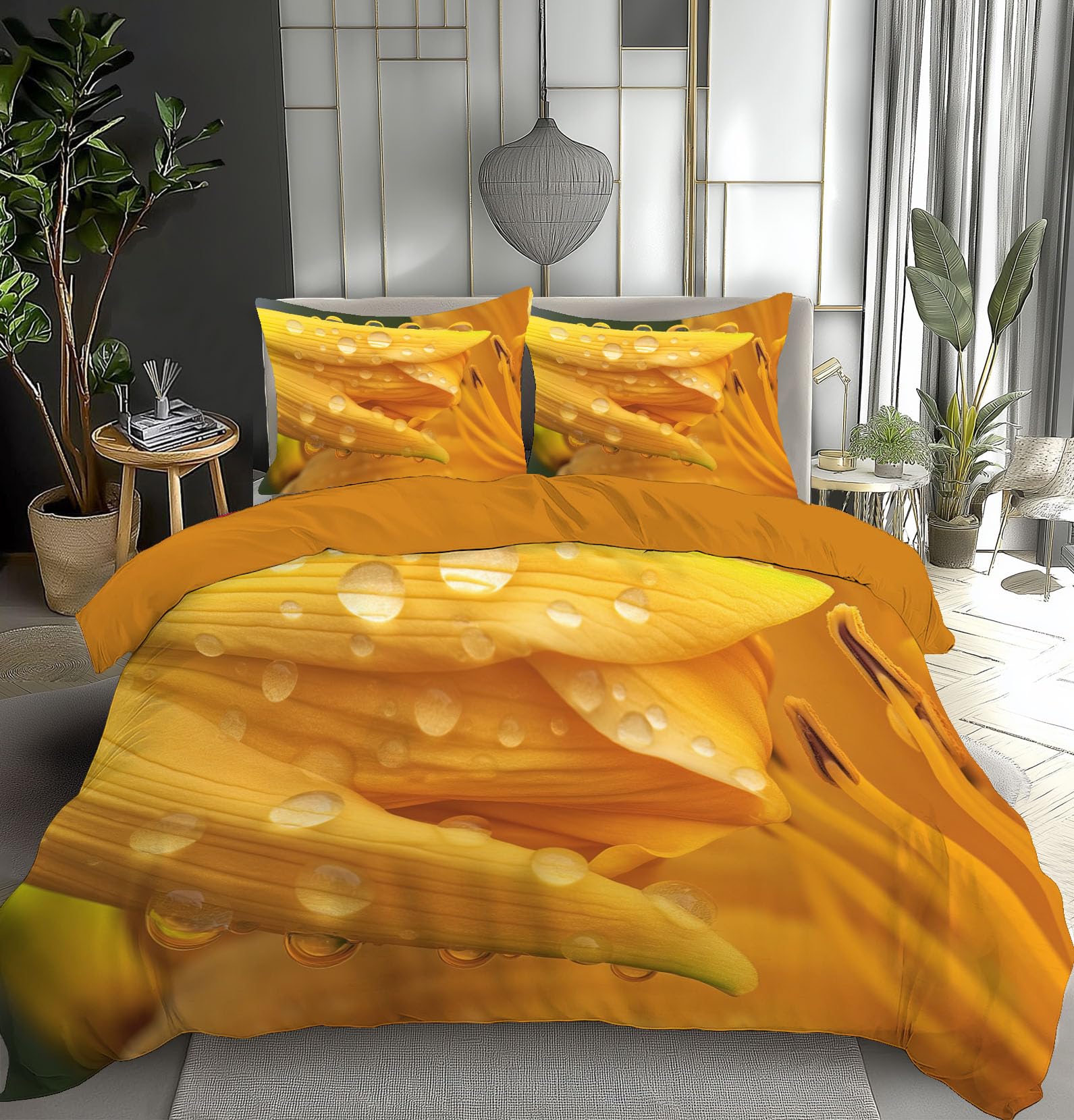 Housse de couette 240x260cm avec 2 taies, parure lit fleurs jaunes en microfibre motif 3D