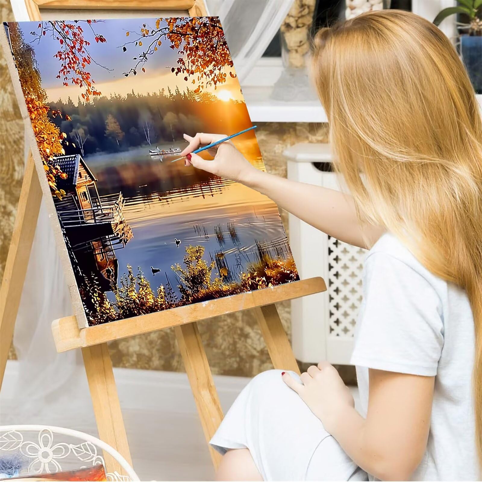 Sonnenuntergang-Malen nach Zahlen für Erwachsene, DIY digitales Ölgemälde-Set auf Leinwand mit Pinseln und Acrylpigment, Landschaft Street Artwork für Heimdekoration 60x80cm (mit Rahmen)