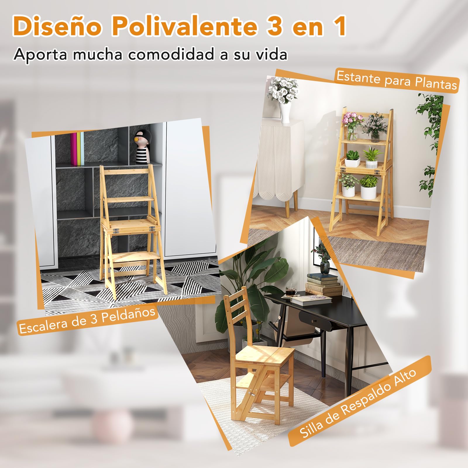GIANTEX Silla Escalera de Bambú 3 en 1, 3 Peldaños, 40 x 41,5 x 89 cm, Carga hasta150 kg, Silla Plegable Multifuncional, Taburete Escalera para Cambiador, Cocina, Almacén