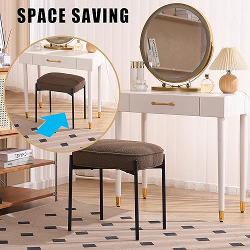 Miniatura 3 de YOUNIKE Cómodo taburete otomano de terciopelo Boucle bohemio pequeño taburete copetudo con forro polar de cordero tapizado para maquillaje con patas