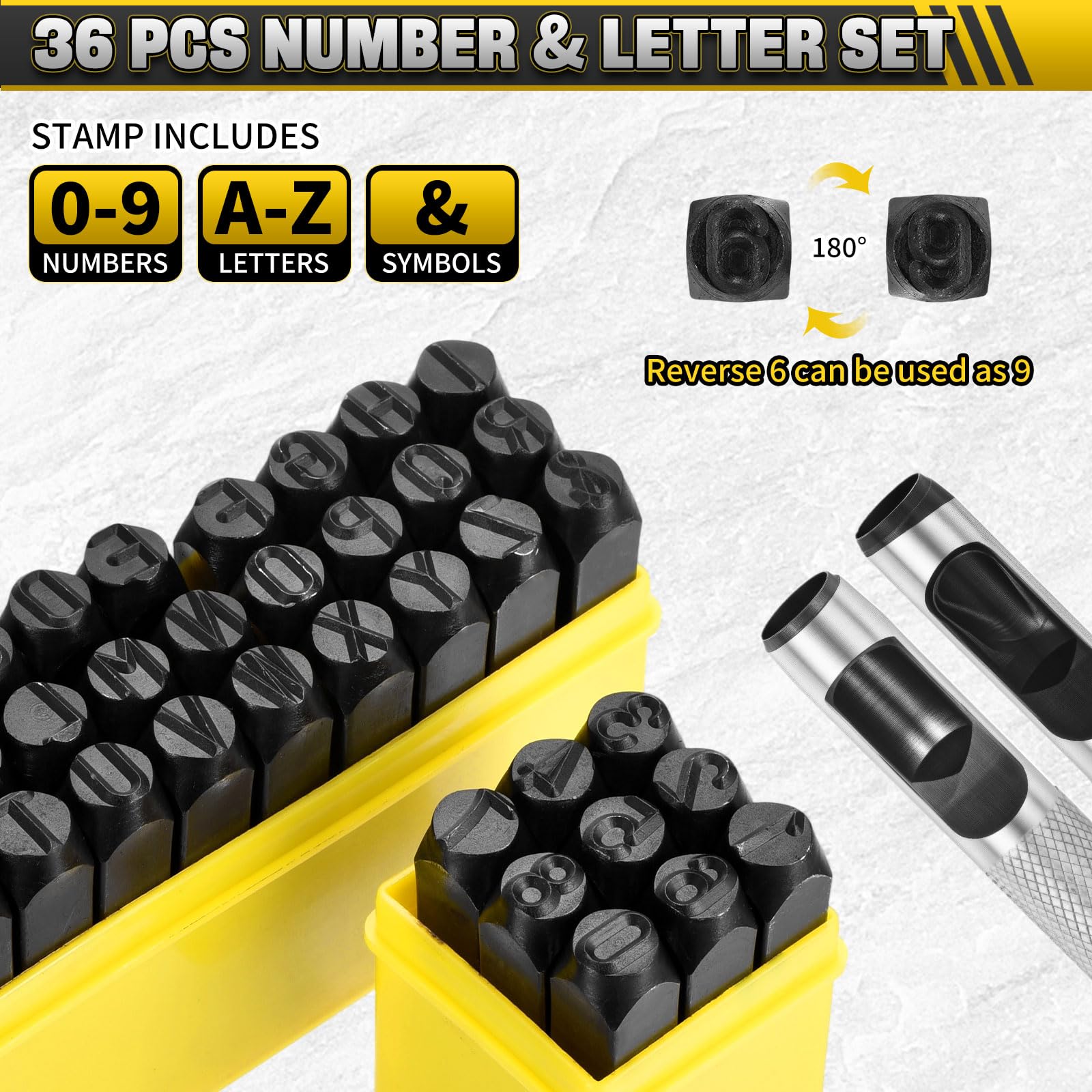 Kit de estampado de metal de 36 piezas, juego de perforadores de números y letras de acero de 10 mm, incluye alfabeto A-Z, número 0-8 y símbolo, herramienta de estampado para imprimir