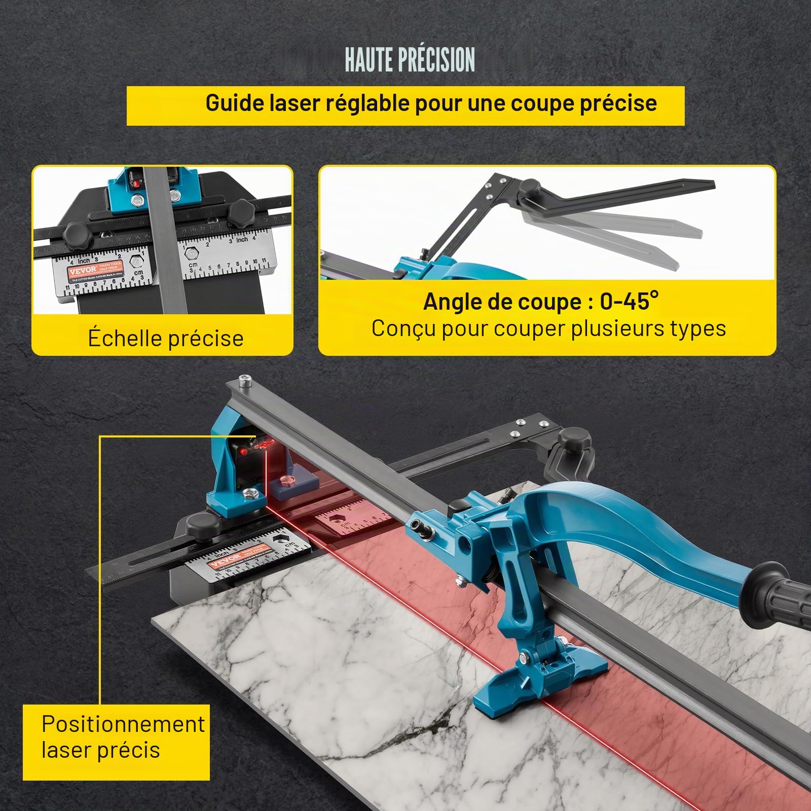 VEVOR Coupe Carrelage Manuel 600 mm Coupe-Carreaux, Épaisseur 6-15 mm Coupeur de Carrelage Robuste avec Positionnement Laser Infrarouge Précis pour Couper Céramique Carreaux Porcelaine Carreaux Polis