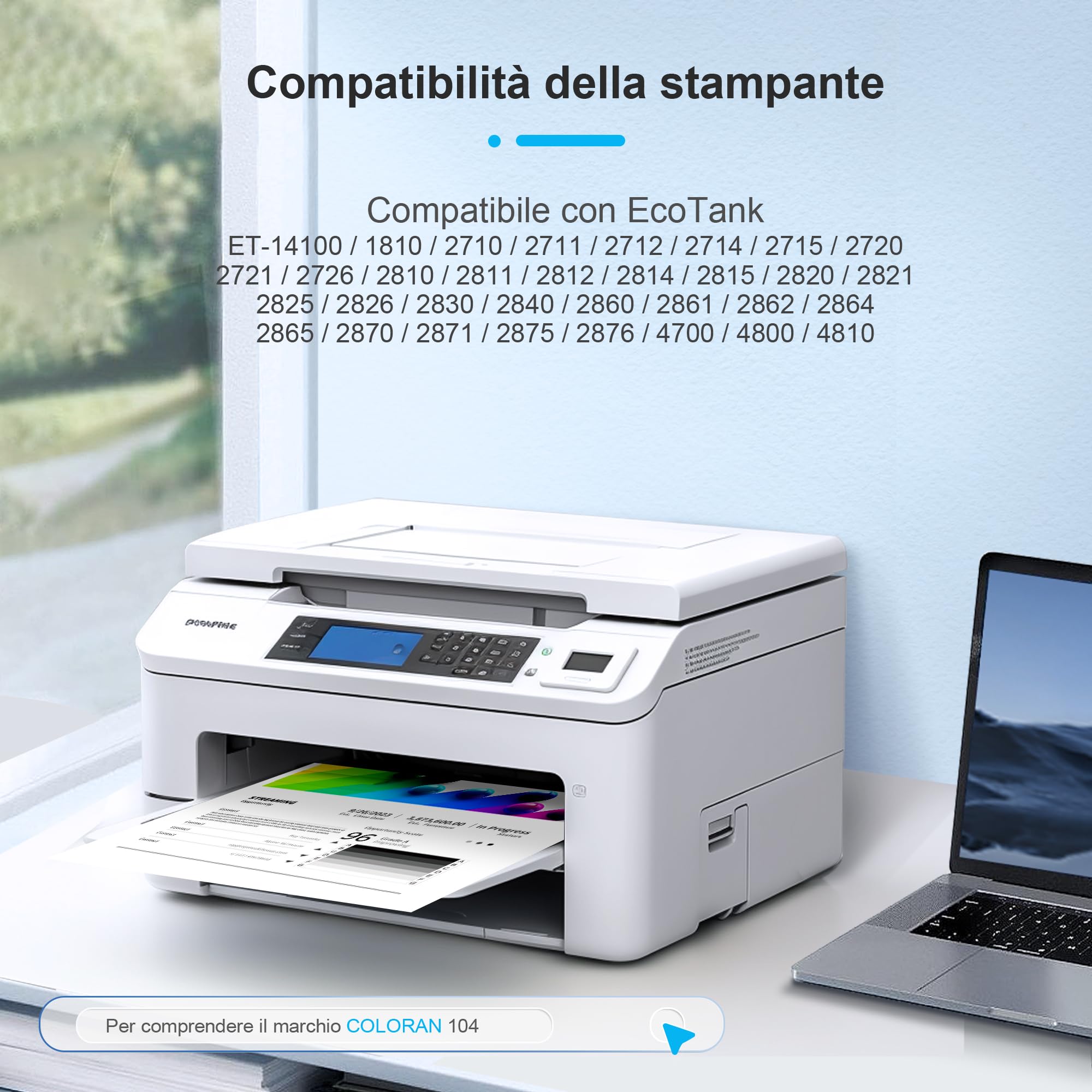 Coloran 104 Inchiostro Compatibile con Cartucce Epson 104 Ecotank Multipack per ET-5150 ET-1810 ET-2726 ET-2810 ET-2811 ET-2812 ET-2814 ET-2815 ET-2820 stampante (Nero Ciano Magenta Giallo, 5-Pack)