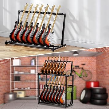 Multi Guitar Stand, Guitar Stand for Multiple Guitars,Adjustable Guitar Display Rack for 14 Acoustic Holder, Electric Guitar, Bass, Ukulele, Detachable Into Two Separate Guitar Mounts.