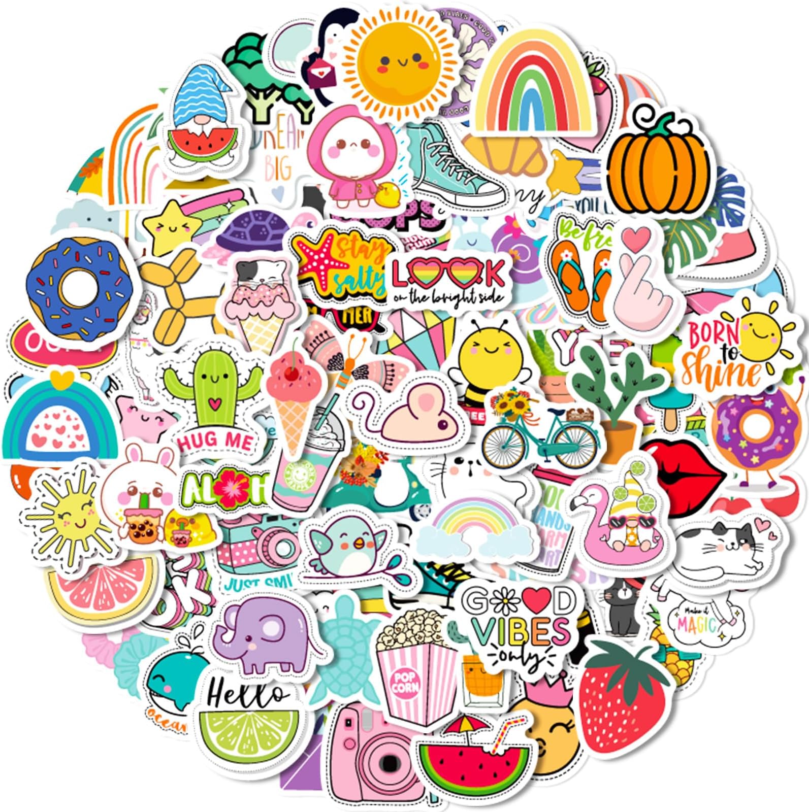 Colourful Cute Stickers, 100 Pcs Waterproof Kawaii Stickers Aesthetic Vinyl Stickers for Scrapbooking Kindle Scrapbook Laptop Bookish Water Bottles Skateboard