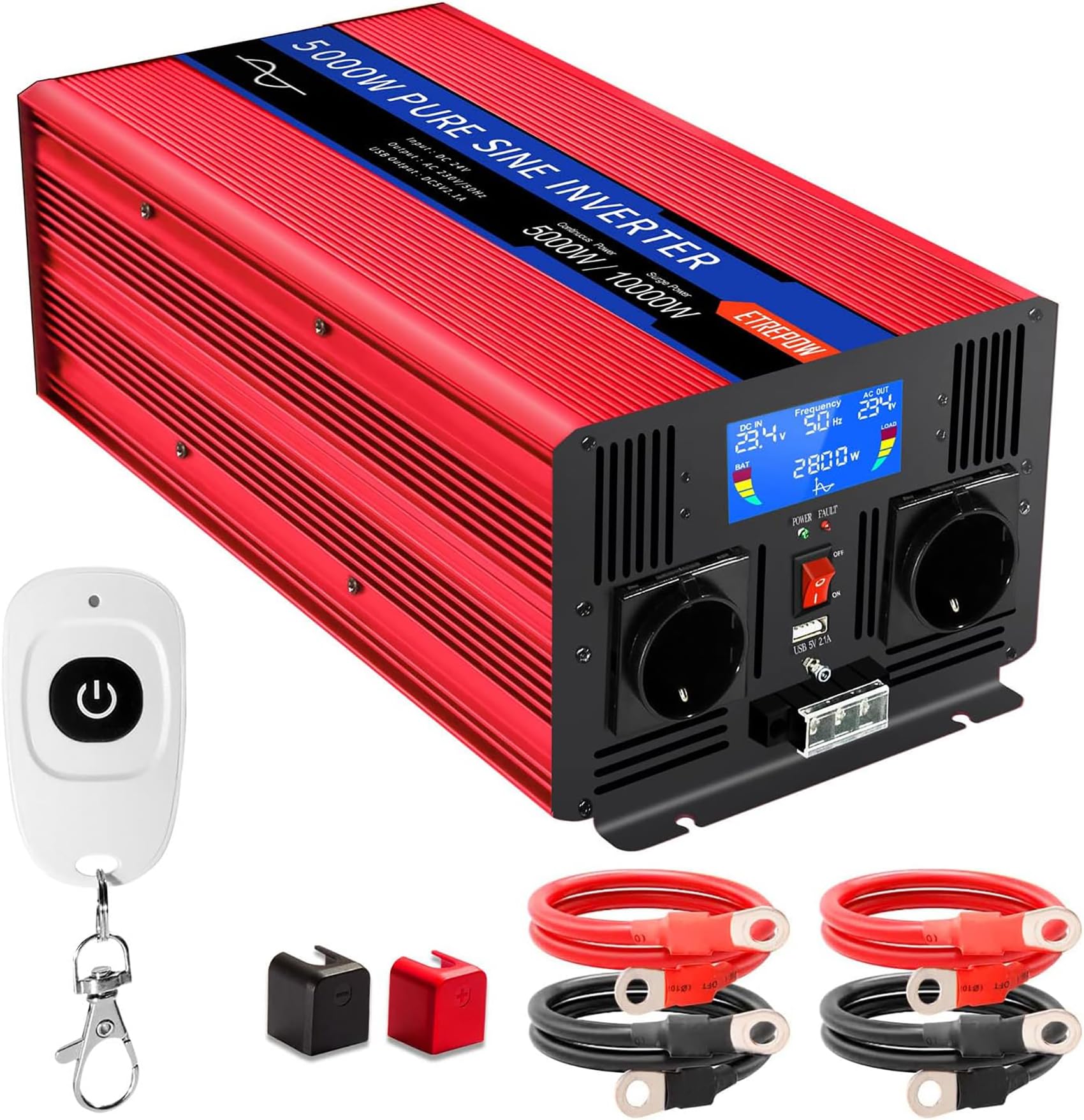 ETREPOW Inversor 24v 220v Onda Pura 3000w/6000w Convertidor de Voltaje con 2 enchufes EU y USB, Mando a Distancia inalámbrico,Pantalla LCD para Sistemas solares, caravanas, Coches, Camping — view 8