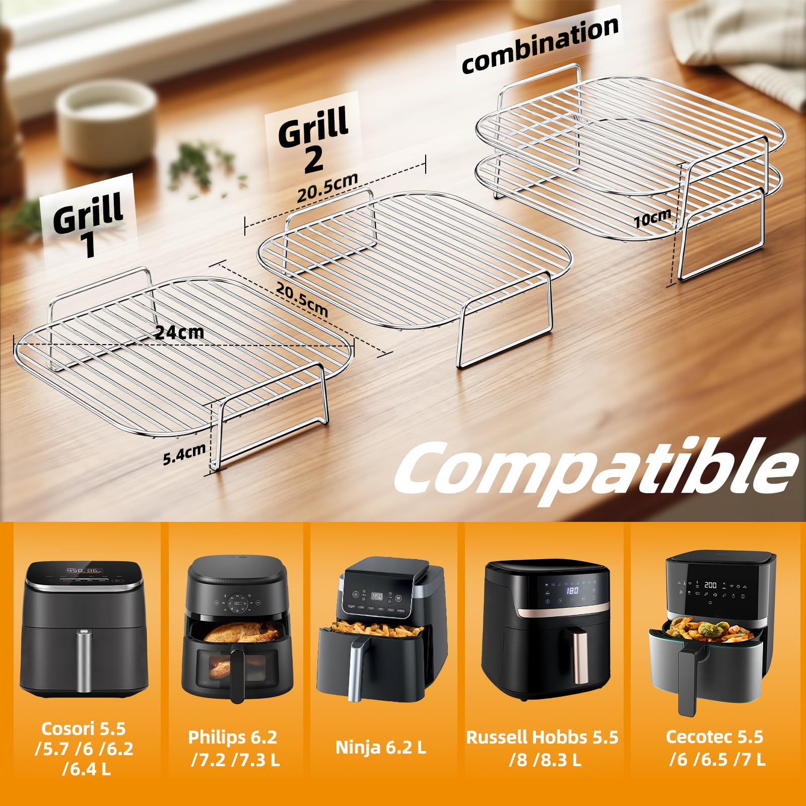 HONYAO Ruszty do Airfryera, 2 Sztuki Stal Nierdzewna Sztaplowane Akcesoria do Frytkownic do Xiaomi 5,5/6/6,5 L, Philips 6,2/7,2/7,3 L, Ninja 6,2 L, innych kwadratowych koszy 5,5-8,3 L | Air Fryer Rack Piekarnik Parowar