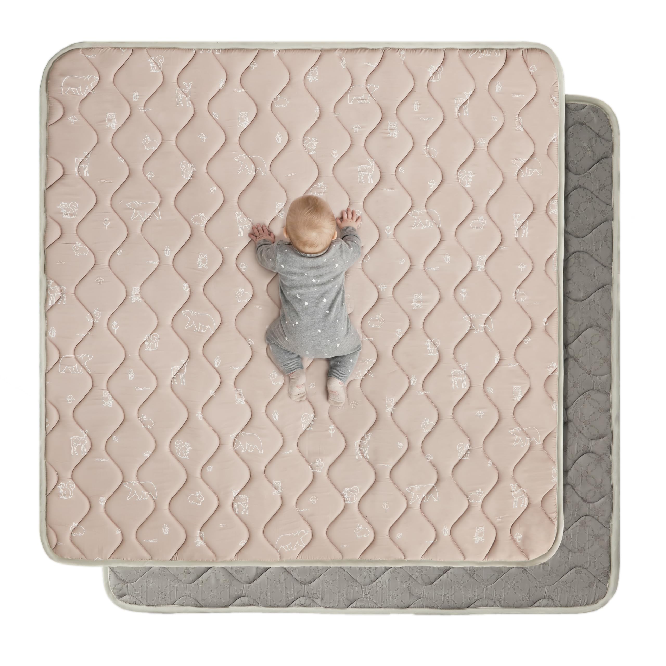 Fortella Tappeto Gioco Bambini 120x120cm, Tappeto Neonato Pieghevole Morbido & Antiscivolo, per Gattonamento & Tummy Time, Tappeti per Neonati Lavabile con Design Elementi Forestali 0-3-6 mesi-Marrone