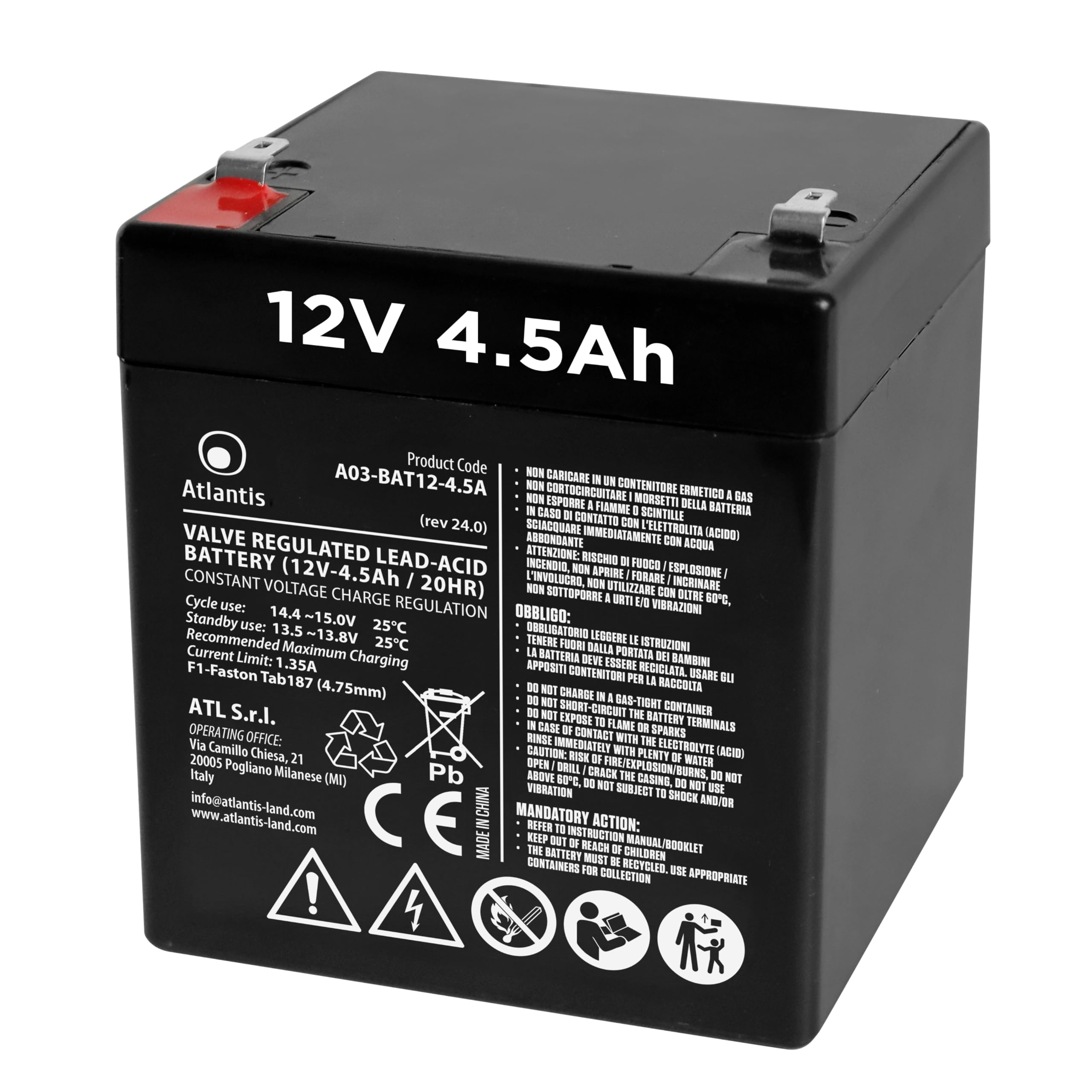 Atlantis batteria piombo 12v 4,​5 ah ermetica (VRLA), adatta per UPS Gruppi di Continuità, Videosorveglianza, Sistemi di allarme, mobilità elettrica, giocattoli, attacc faston F2 6,​3mm, A03-​BAT12-​4.5A