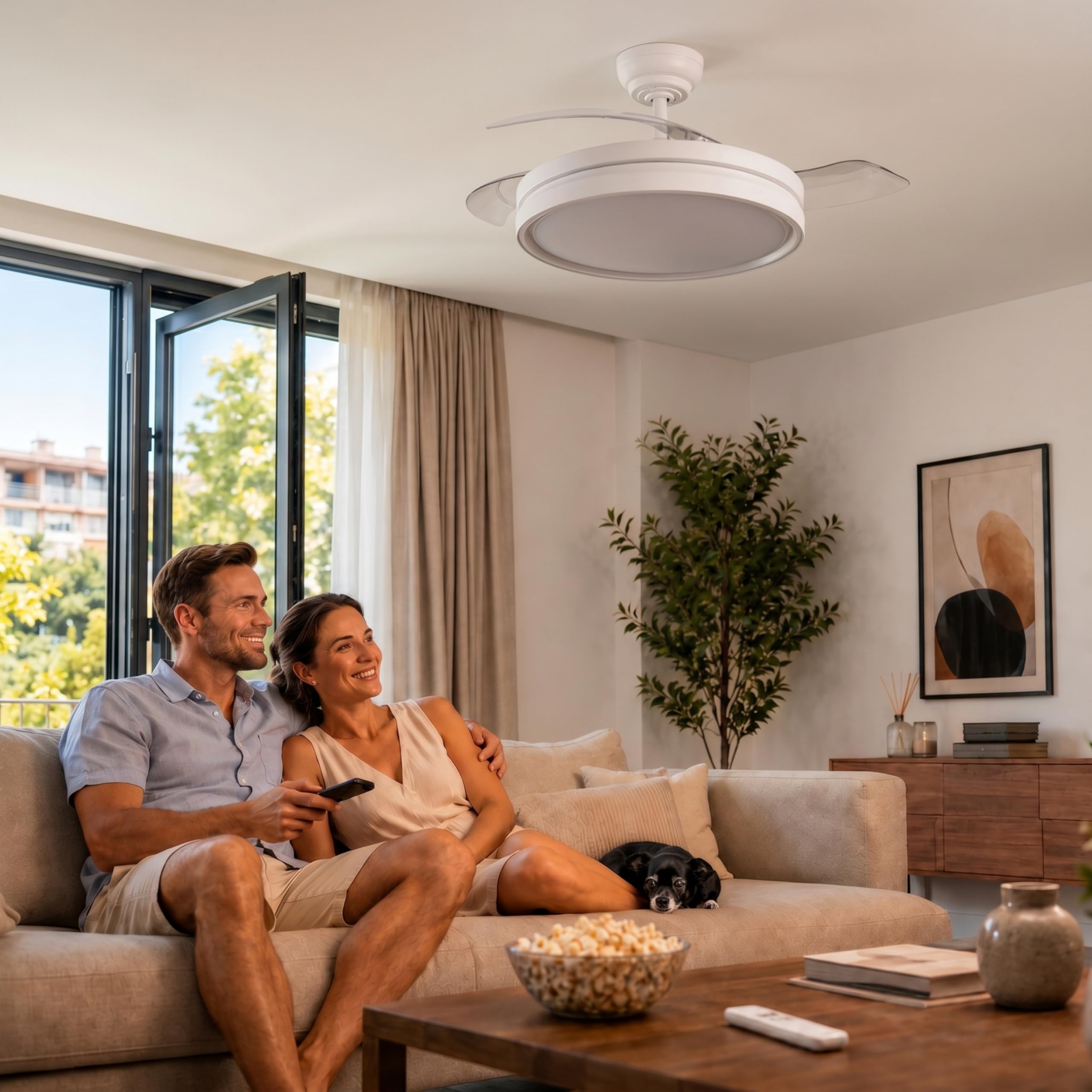 YATEK Mia wentylator sufitowy z oświetleniem LED, 60 W, wysuwane łopatki, ultra cichy silnik DC, Ø 107 cm, pilot zdalnego sterowania, 3 kolory światła, możliwość ściemniania, funkcja letni/zimowa