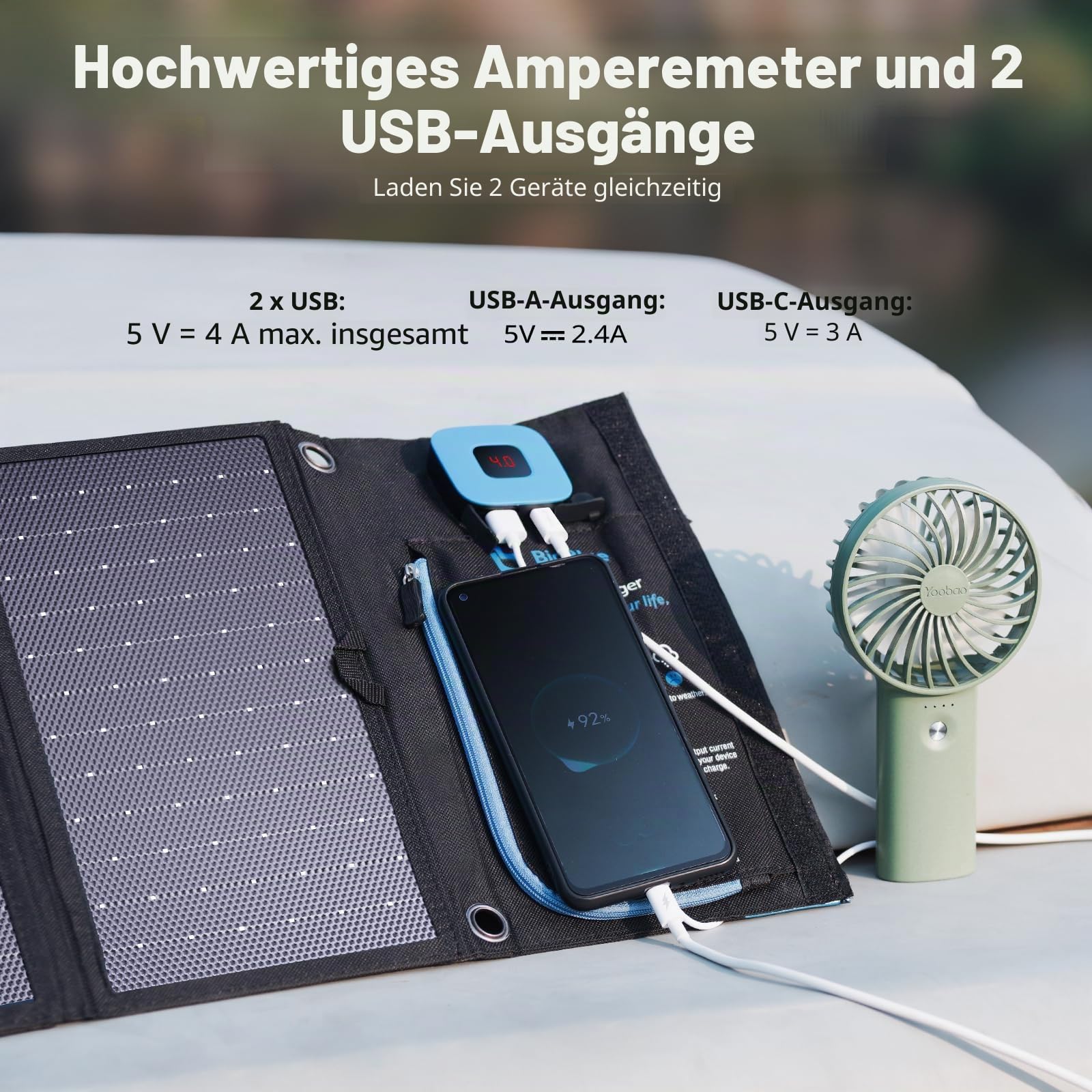BigBlue 28W Tragbares Solar-Ladegerät mit 2 Ports (USB-C/USB-A), 5V/4A Gesamtausgang, IP44 Solarpanel mit Digital Amperemeter und Reißverschluss-Schutz für Geräte wie iPhone, Android, GoPro und mehr